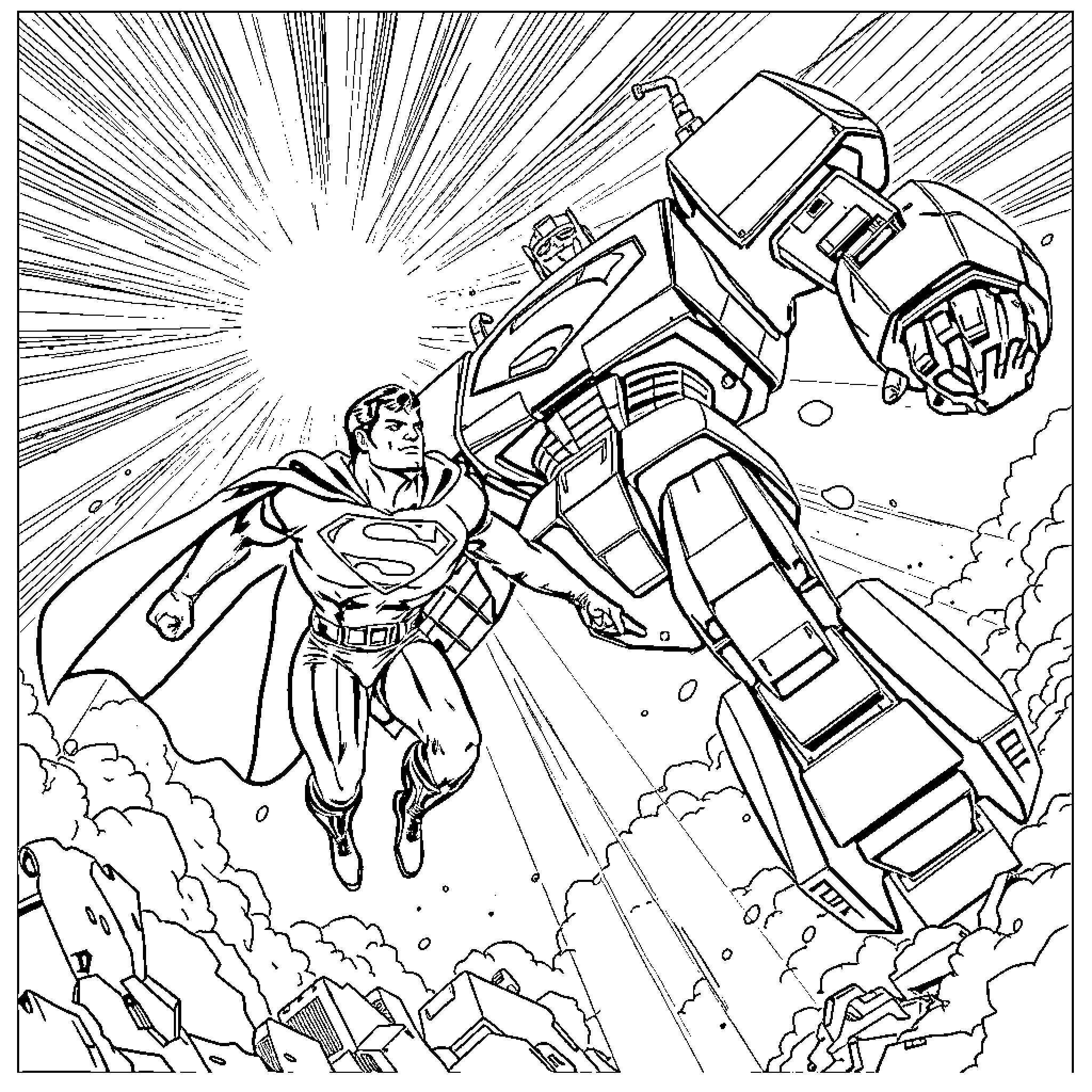 Superman battles a towering robotic foe Coloring Page (free black-and-white line drawing printable PDF for all, from beginners to advanced learners, including children, teens, adults, and seniors)