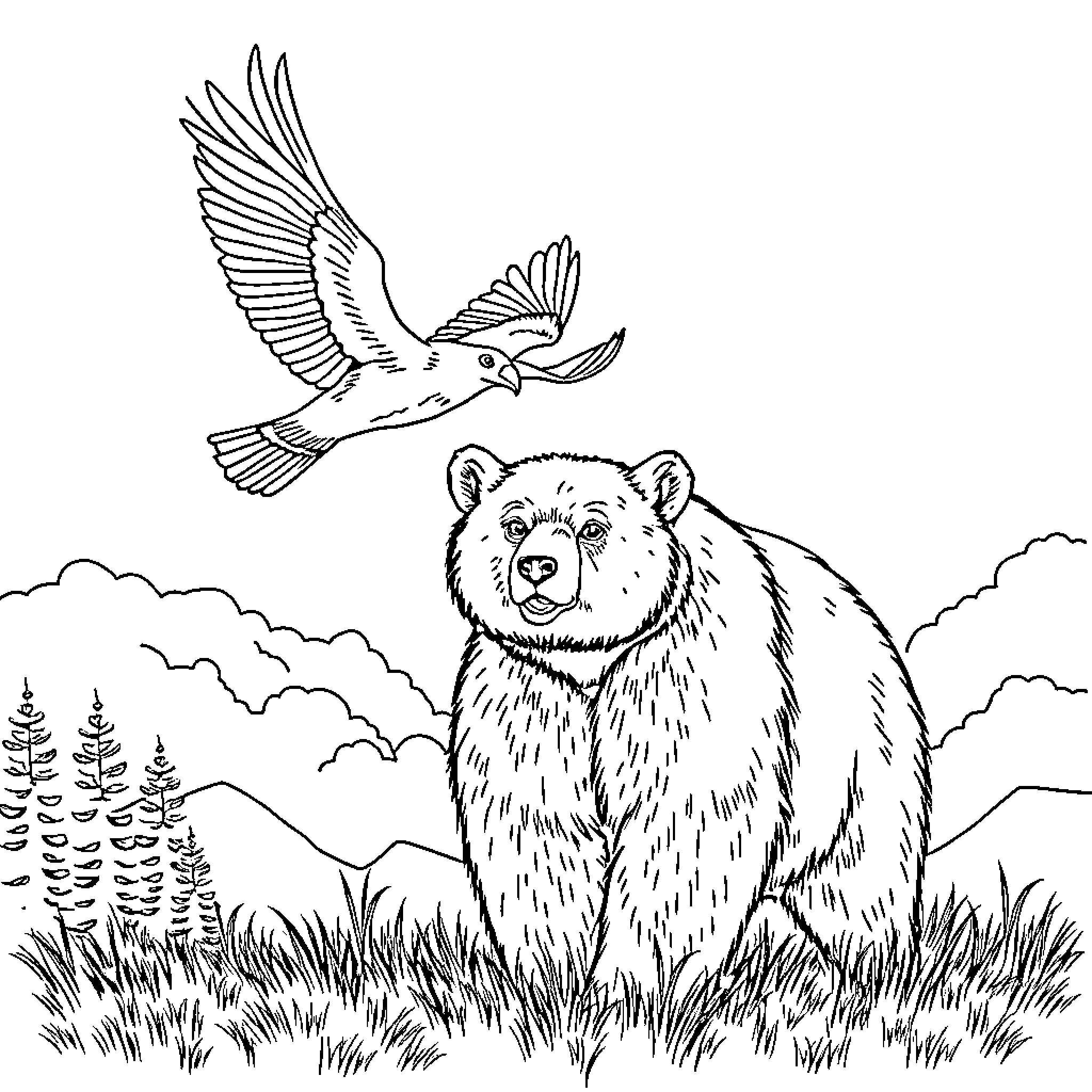 Hawk soaring over alert bear in wilderness Coloring Page (free black-and-white line drawing printable PDF for all, from beginners to advanced learners, including children, teens, adults, and seniors)