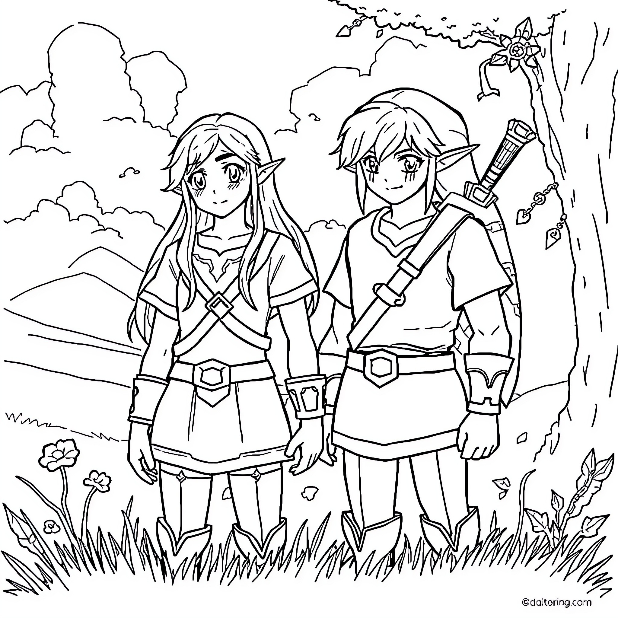 Zelda characters exploring a scenic landscape Coloring Page (free black-and-white line drawing printable PDF for all, from beginners to advanced learners, including children, teens, adults, and seniors)