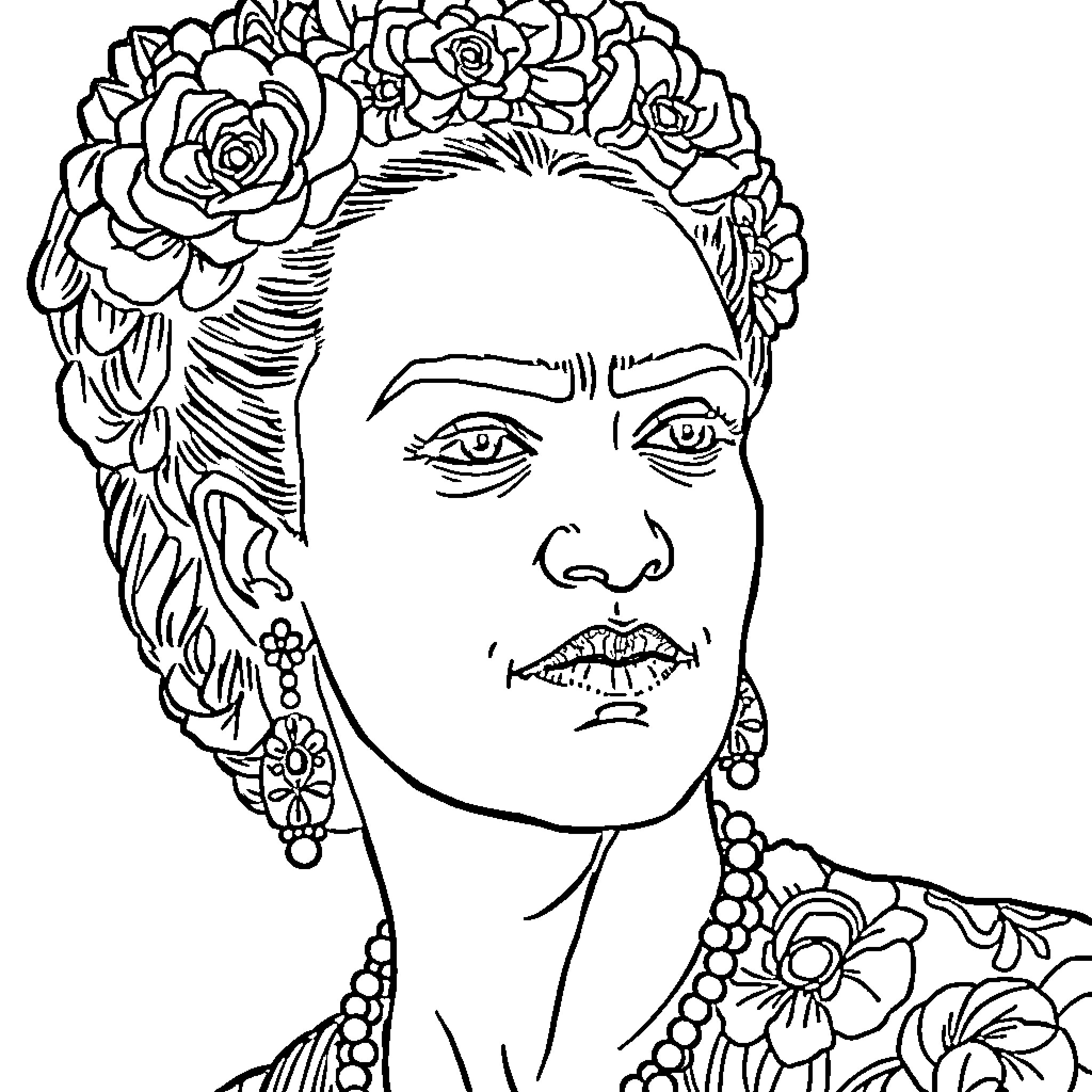 Frida Kahlo's Iconic Floral Portrait Coloring Page (free black-and-white line drawing printable PDF for all, from beginners to advanced learners, including children, teens, adults, and seniors)