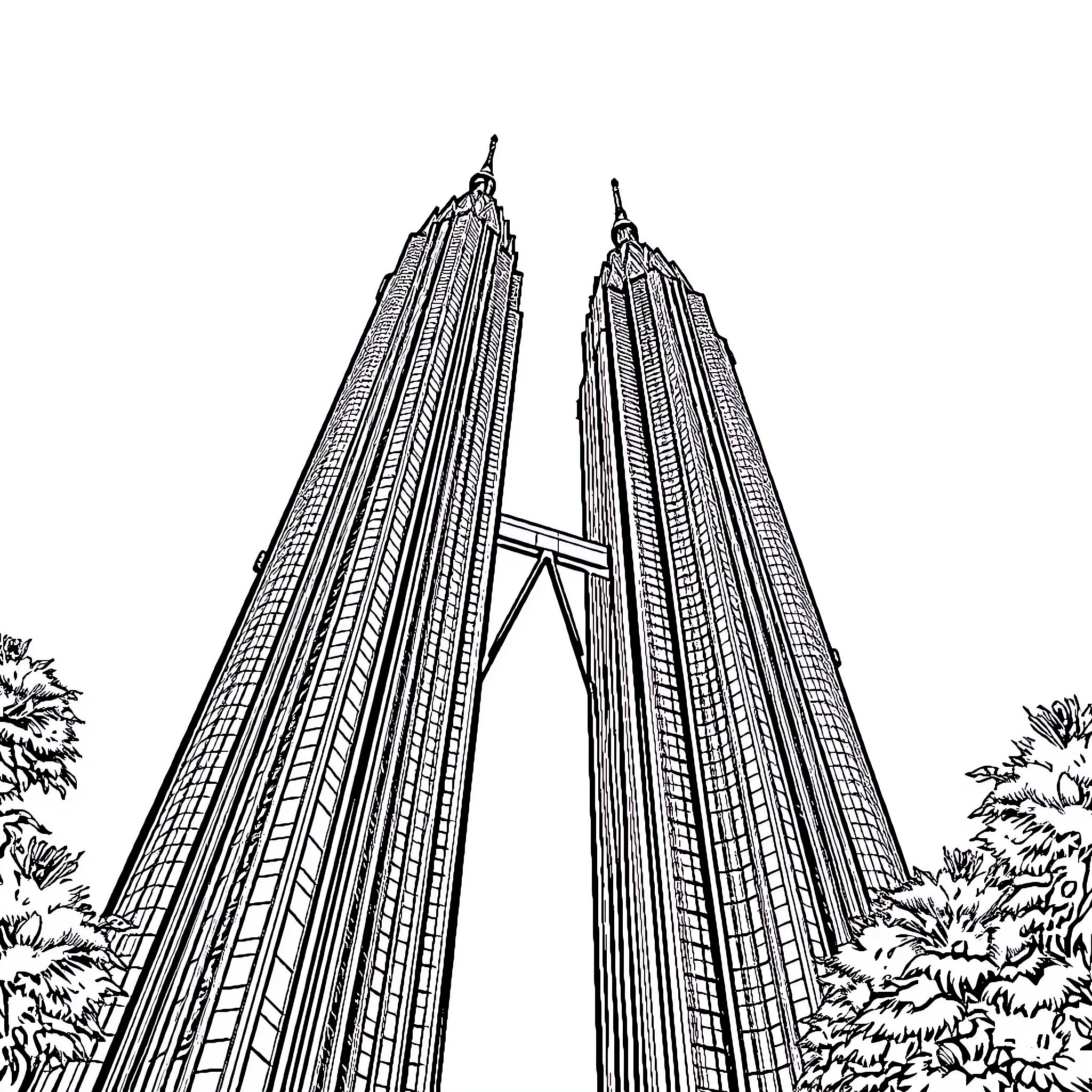 Twin Towers towering over the city skyline Coloring Page (free black-and-white line drawing printable PDF for all, from beginners to advanced learners, including children, teens, adults, and seniors)