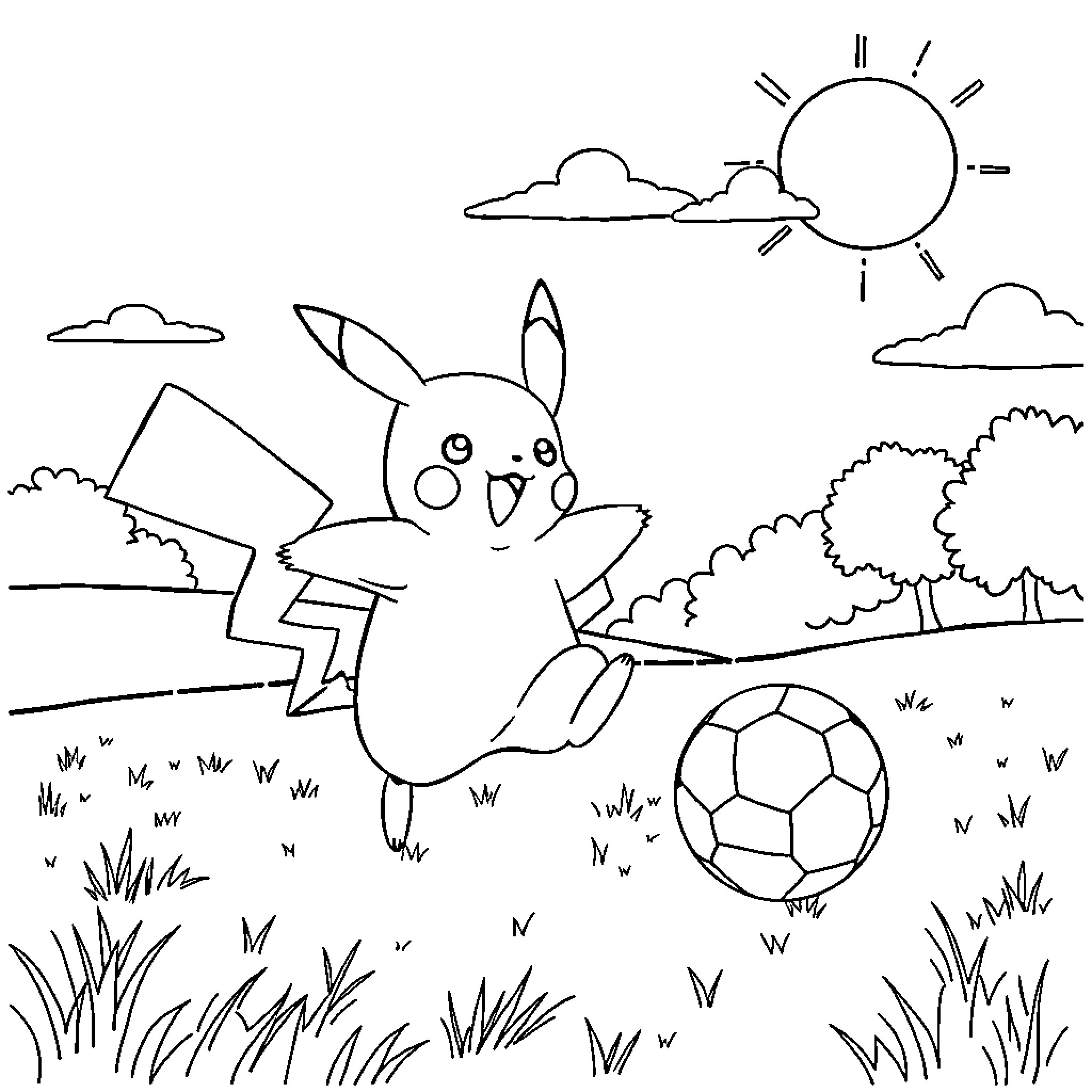 Pikachu playing with a soccer ball in the park Coloring Page (free black-and-white line drawing printable PDF for all, from beginners to advanced learners, including children, teens, adults, and seniors)