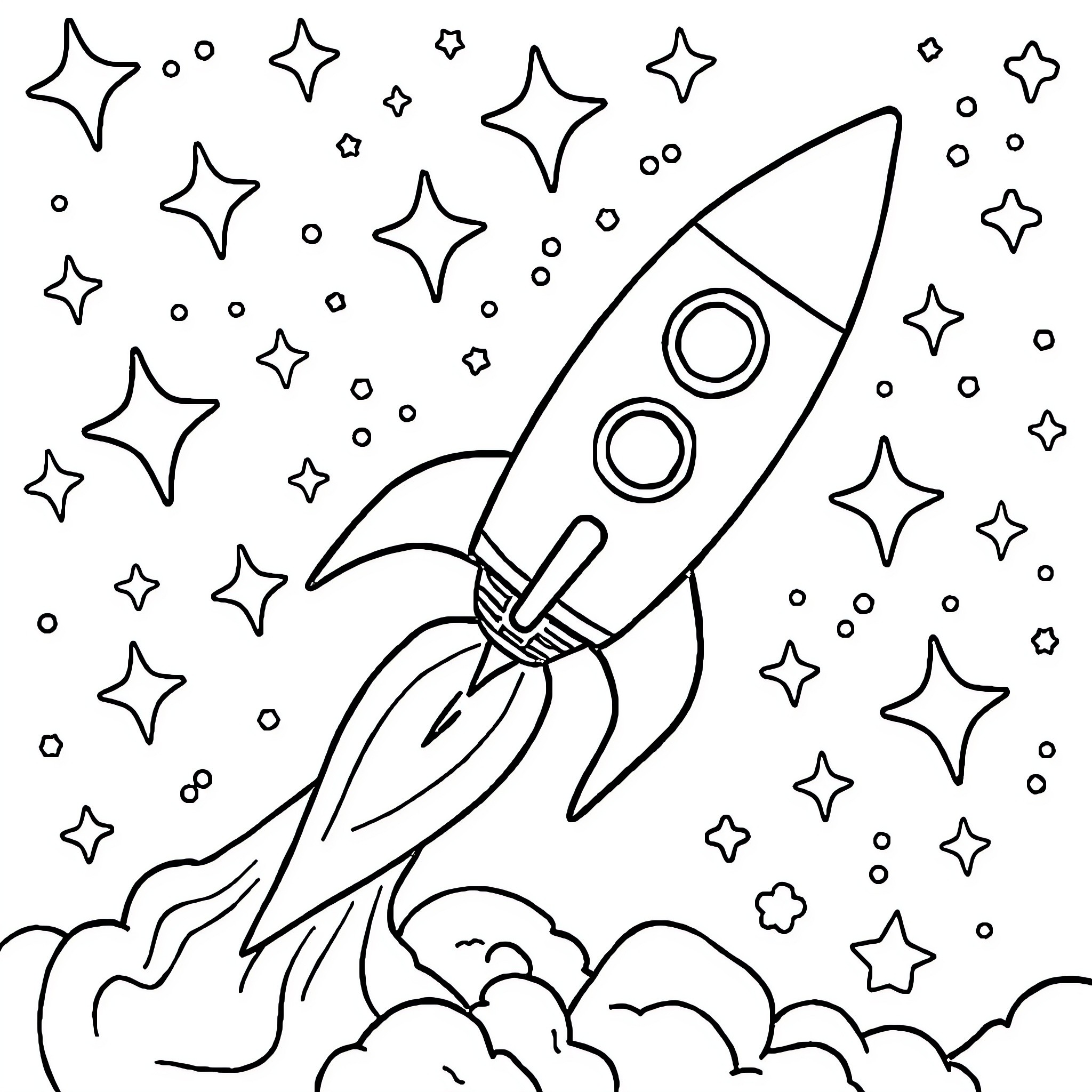 Rocket blasting off into the starry sky Coloring Page (free black-and-white line drawing printable PDF for all, from beginners to advanced learners, including children, teens, adults, and seniors)