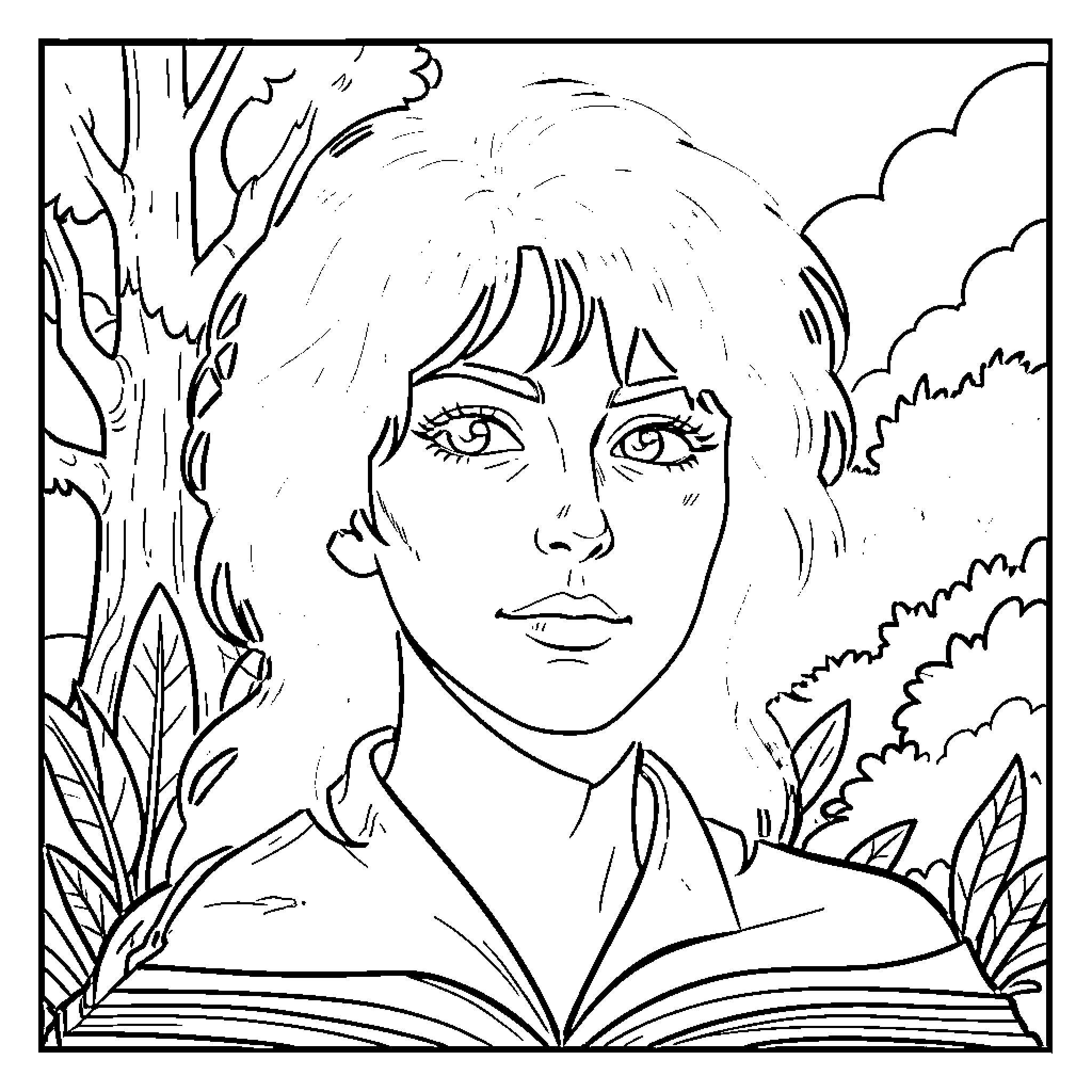 Blue portrait of a girl reading in nature Coloring Page (free black-and-white line drawing printable PDF for all, from beginners to advanced learners, including children, teens, adults, and seniors)