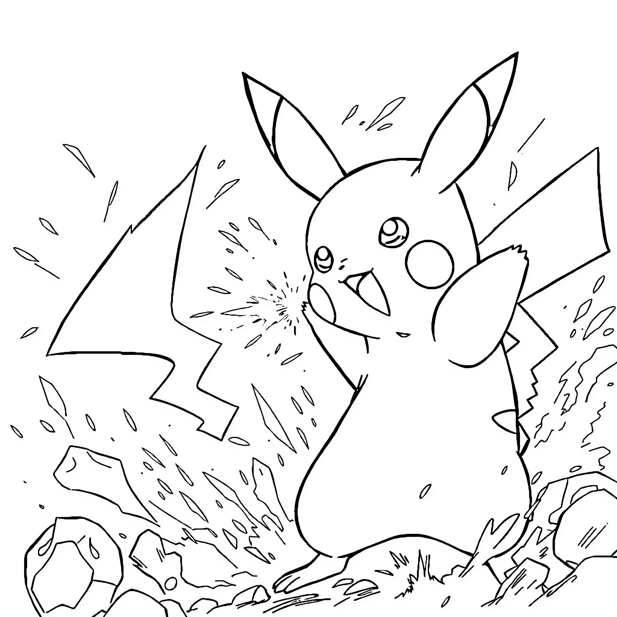 Pikachu unleashing electric attack in the wild Coloring Page (free black-and-white line drawing printable PDF for all, from beginners to advanced learners, including children, teens, adults, and seniors)