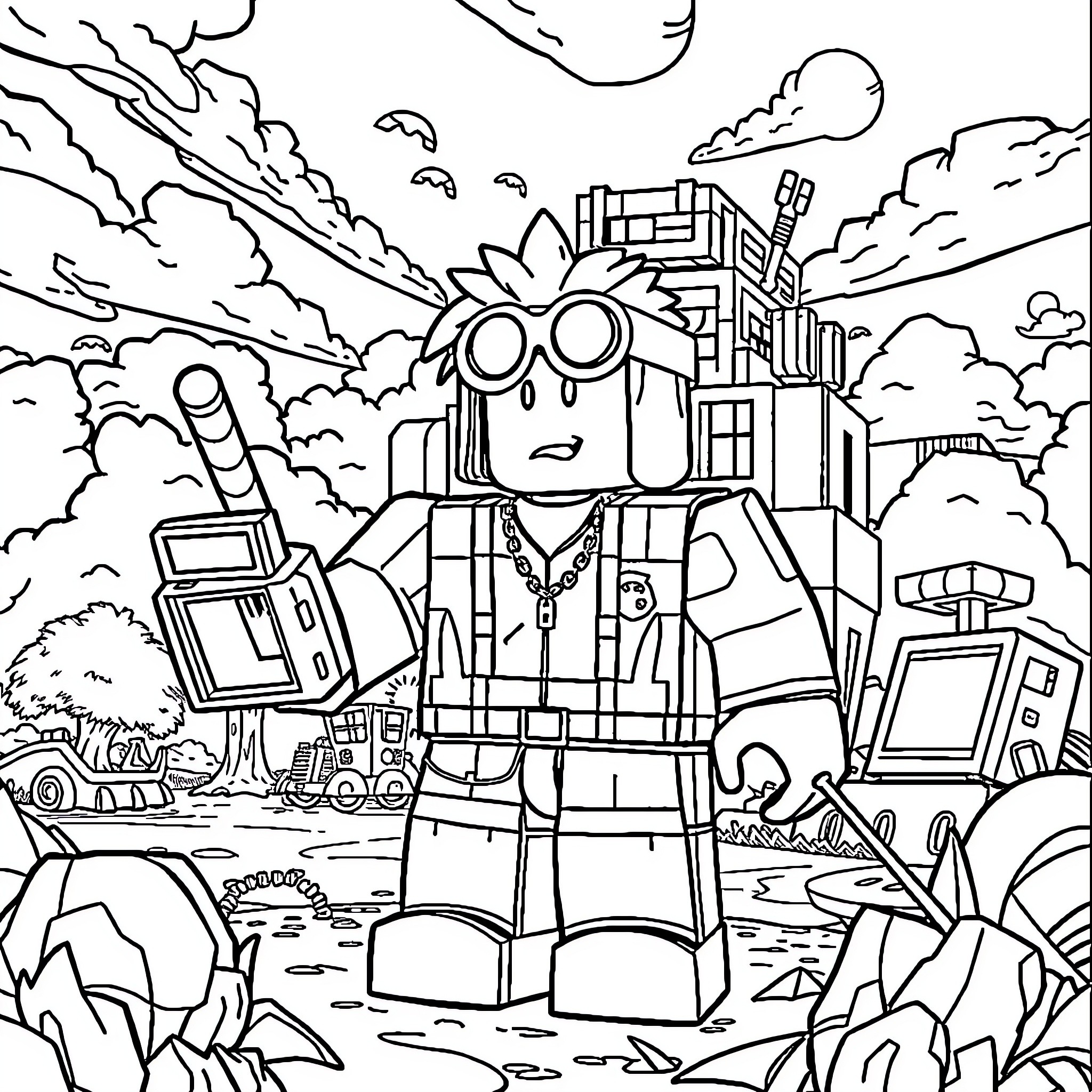 Roblox character in post-apocalyptic adventure Coloring Page (free black-and-white line drawing printable PDF for all, from beginners to advanced learners, including children, teens, adults, and seniors)