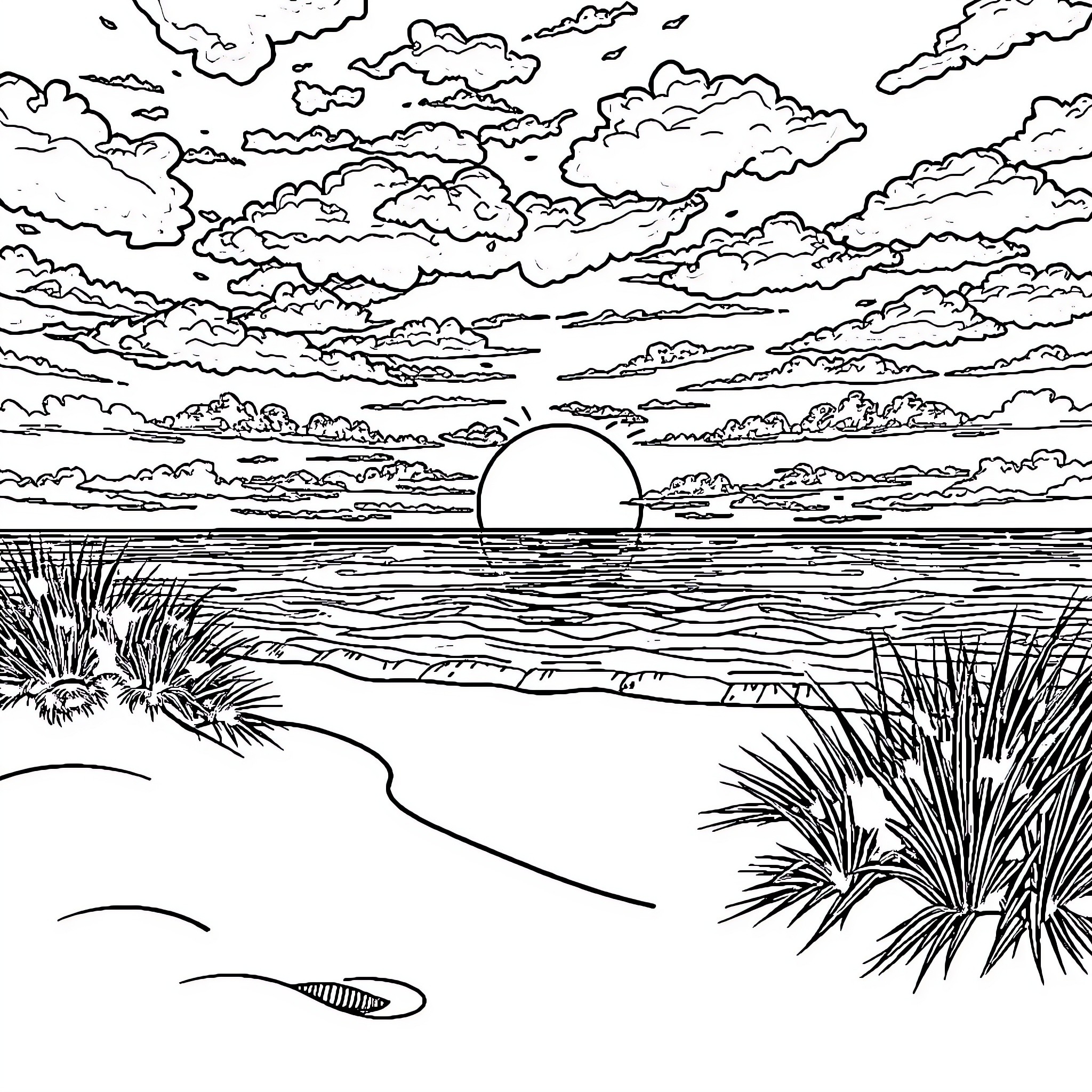Sunset over serene coastal landscape Coloring Page (free black-and-white line drawing printable PDF for all, from beginners to advanced learners, including children, teens, adults, and seniors)