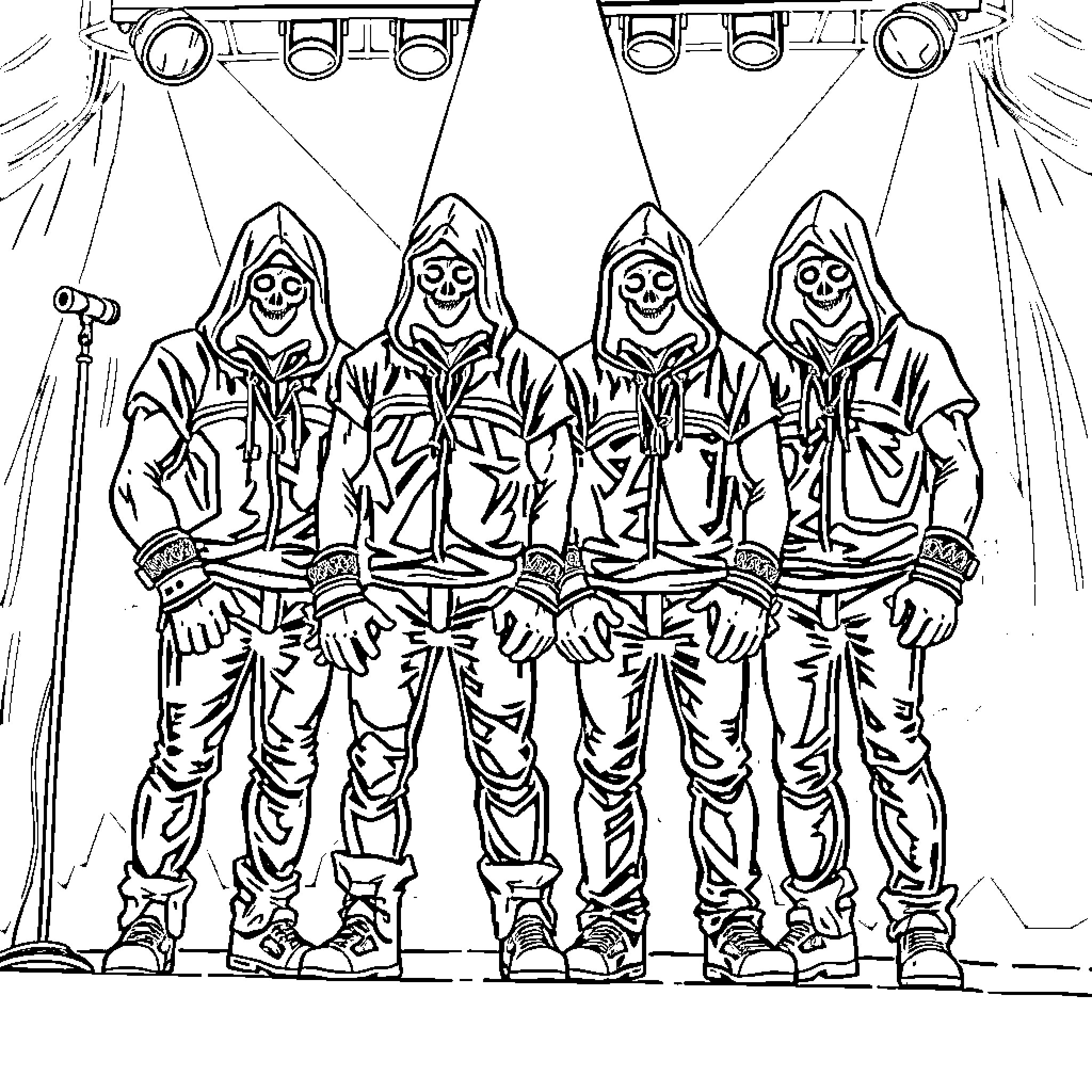 Hooded Band Members Performing on Stage Coloring Page (free black-and-white line drawing printable PDF for all, from beginners to advanced learners, including children, teens, adults, and seniors)