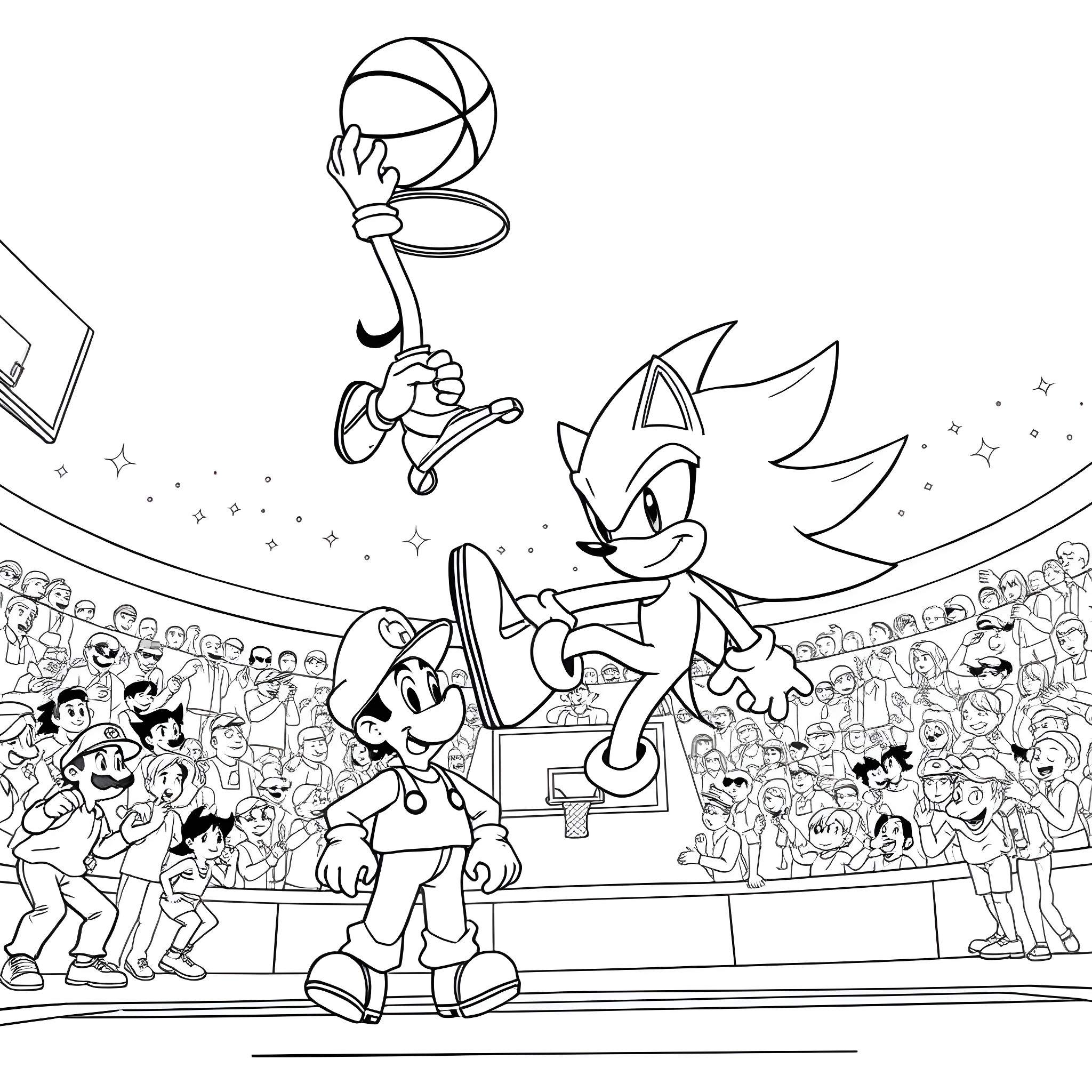 Shadow Basketball Players Entertaining Crowd Coloring Page (free black-and-white line drawing printable PDF for all, from beginners to advanced learners, including children, teens, adults, and seniors)