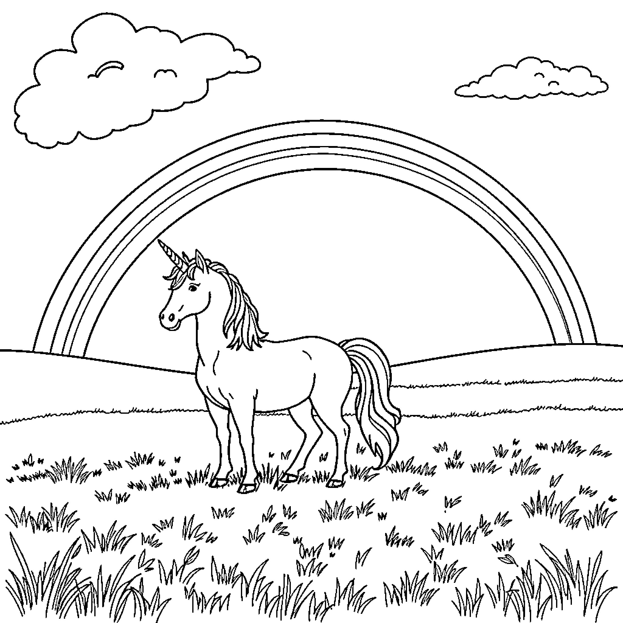 Unicorn standing in a meadow under a rainbow Coloring Page (free black-and-white line drawing printable PDF for all, from beginners to advanced learners, including children, teens, adults, and seniors)