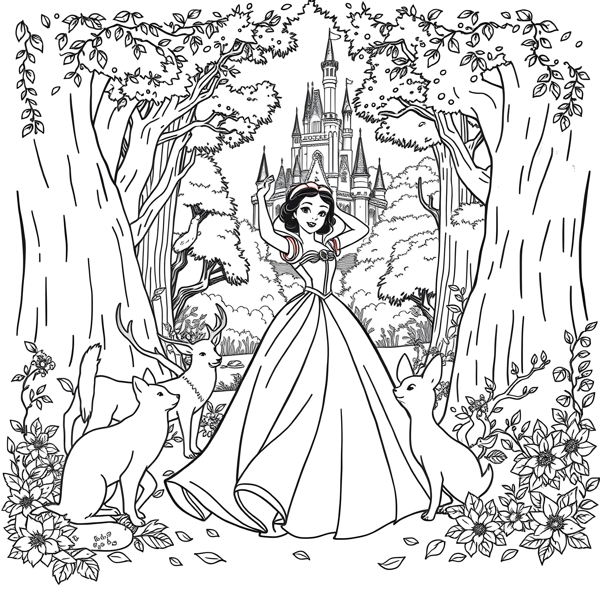 Snow White's magical kingdom adventure Coloring Page (free black-and-white line drawing printable PDF for all, from beginners to advanced learners, including children, teens, adults, and seniors)