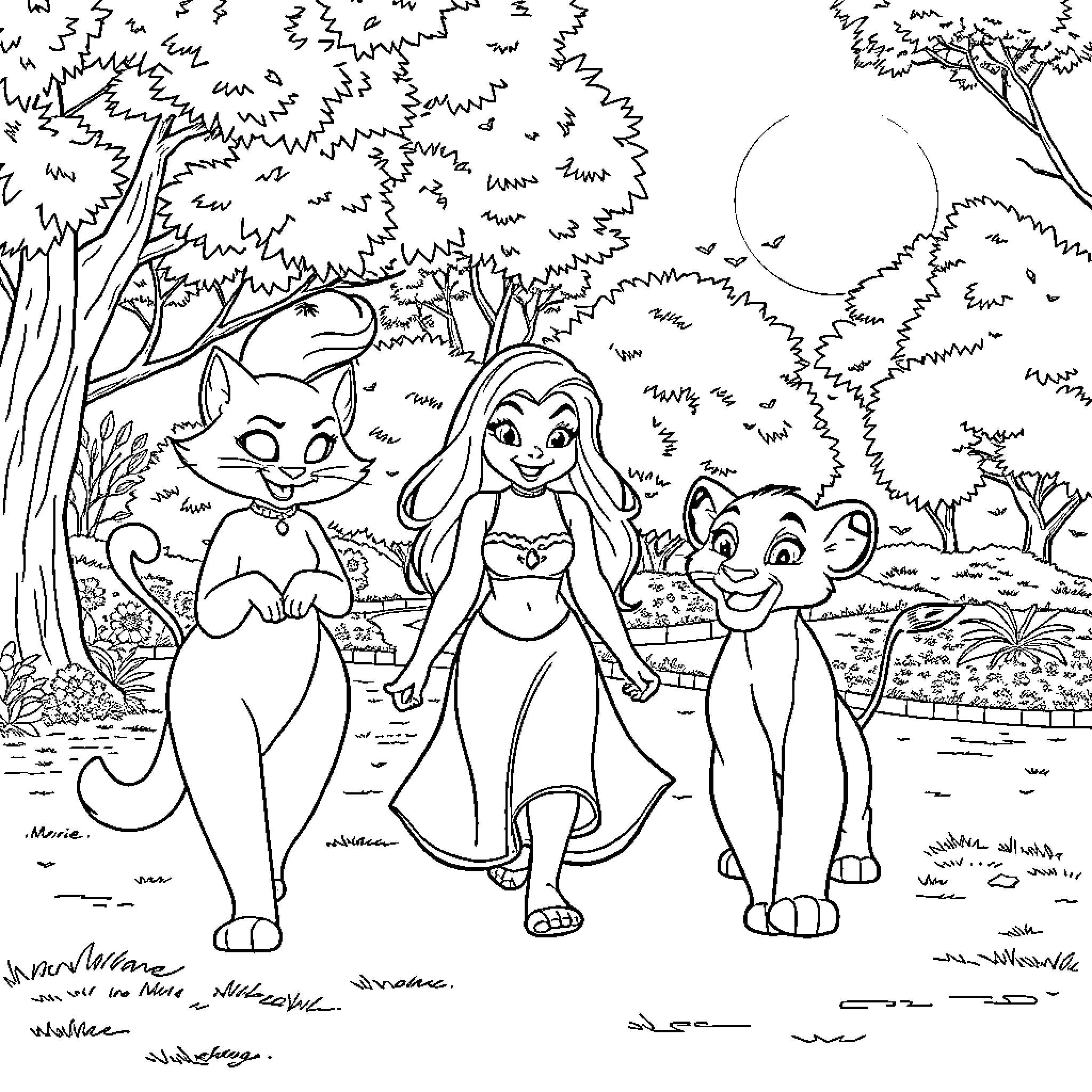 Cat and Friends Explore Enchanted Forest Coloring Page (free black-and-white line drawing printable PDF for all, from beginners to advanced learners, including children, teens, adults, and seniors)