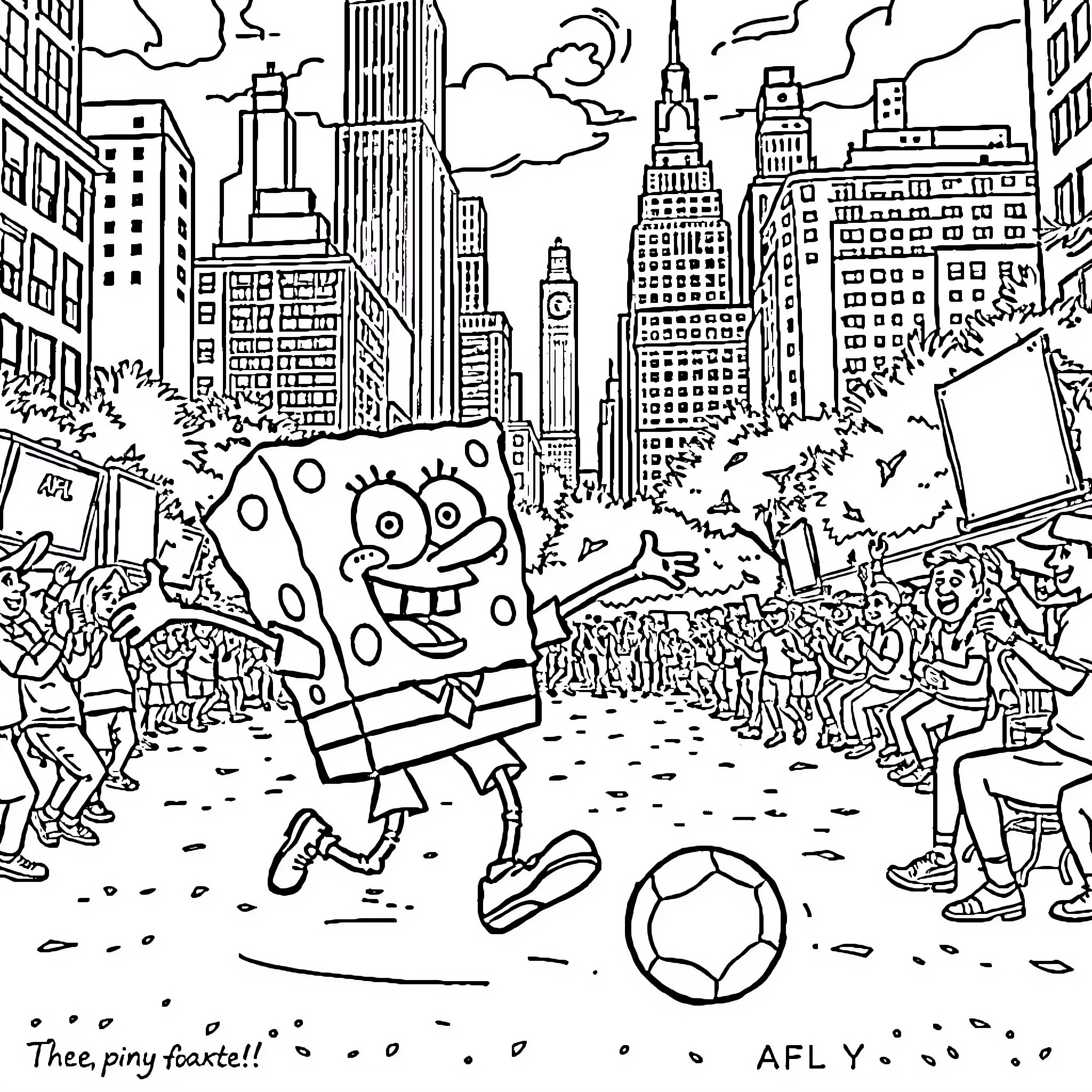 Spongebob playing soccer in the city with friends Coloring Page (free black-and-white line drawing printable PDF for all, from beginners to advanced learners, including children, teens, adults, and seniors)