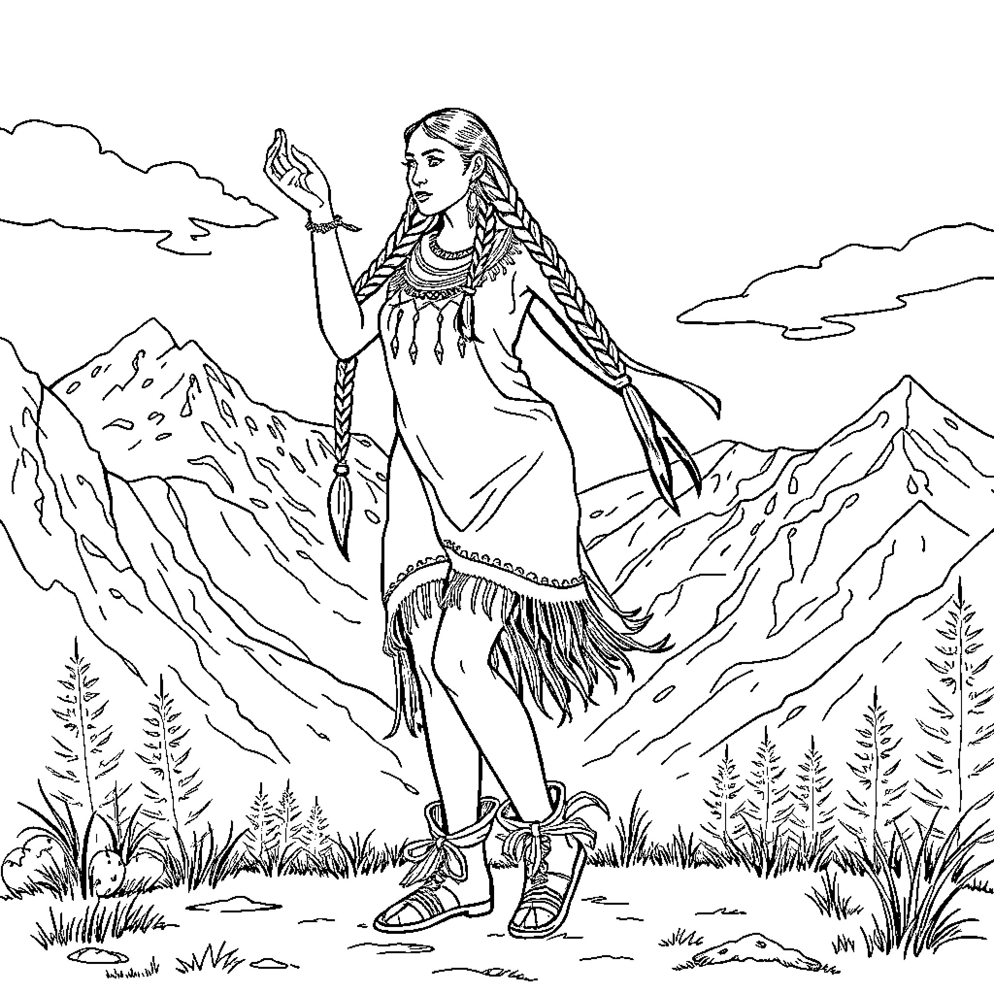 Dancer in traditional Native American attire amid mountain scenery Coloring Page (free black-and-white line drawing printable PDF for all, from beginners to advanced learners, including children, teens, adults, and seniors)