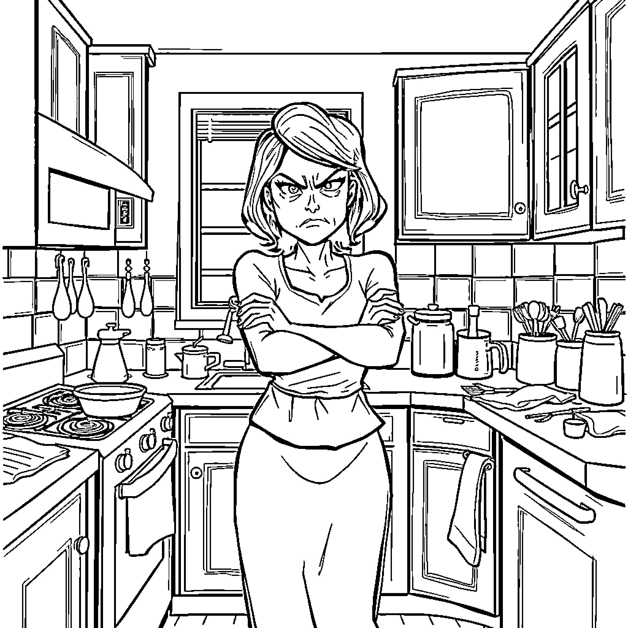 Wife frustrated in the kitchen Coloring Page (free black-and-white line drawing printable PDF for all, from beginners to advanced learners, including children, teens, adults, and seniors)