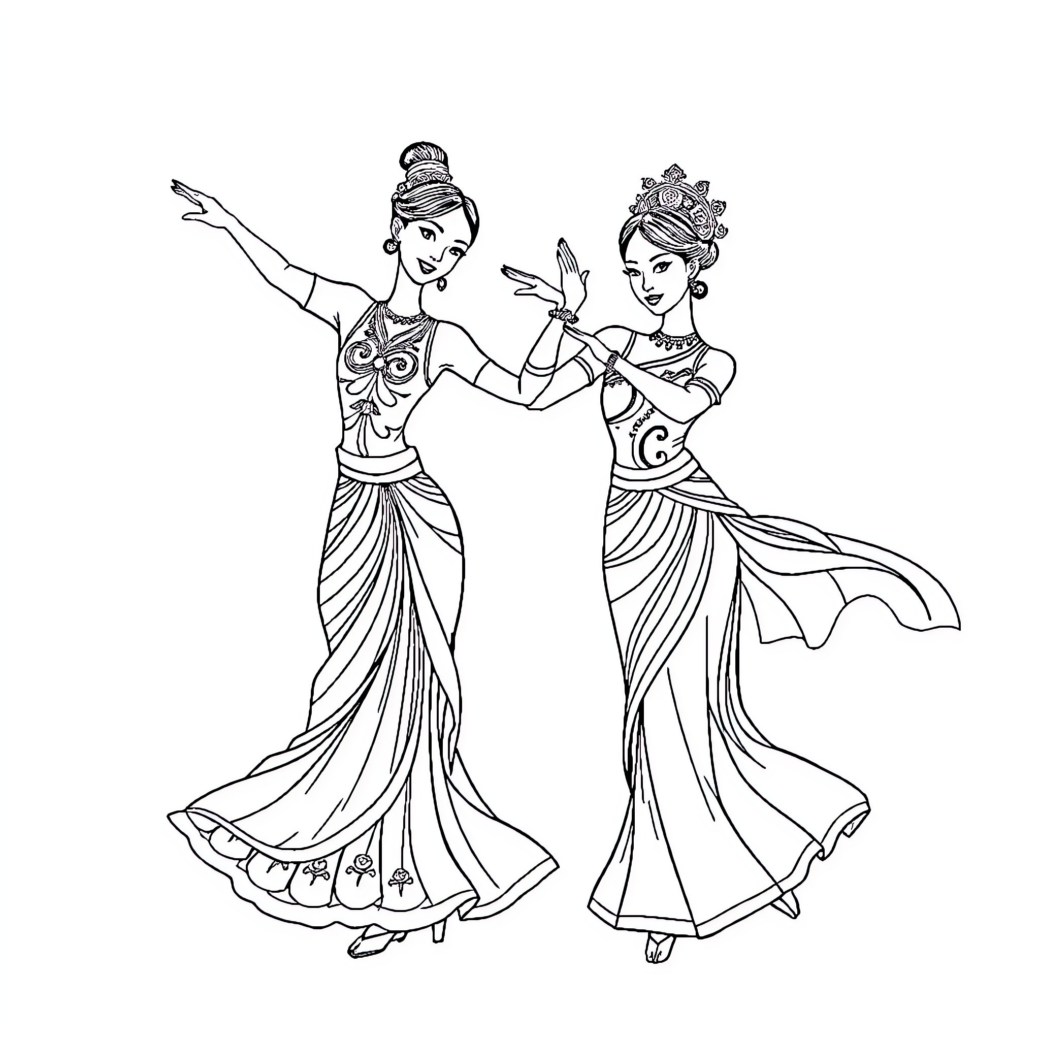 Asian Dancing Graceful Movements and Elegant Costumes Coloring Page (free black-and-white line drawing printable PDF for all, from beginners to advanced learners, including children, teens, adults, and seniors)