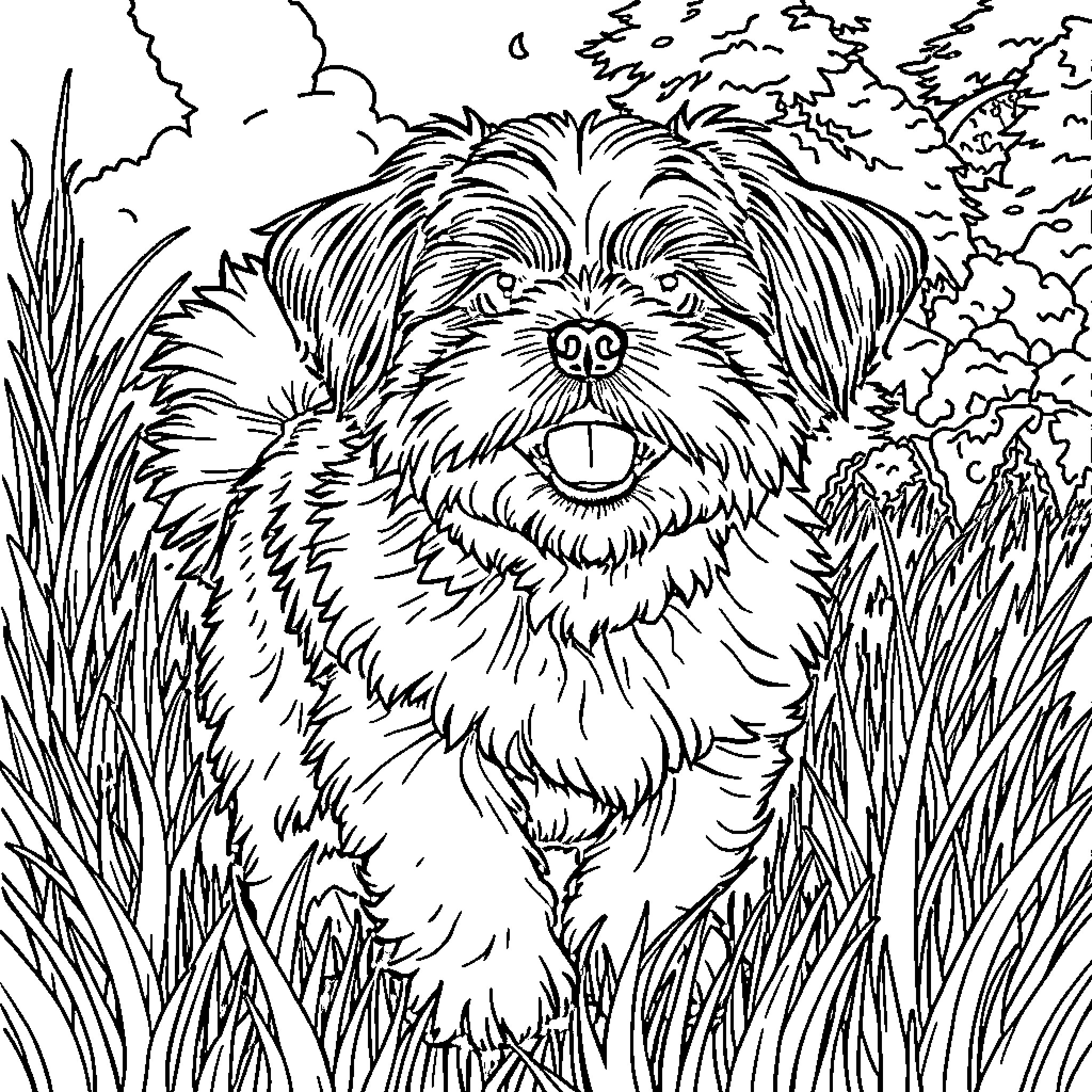 Shih Tzu playing happily in the grass Coloring Page (free black-and-white line drawing printable PDF for all, from beginners to advanced learners, including children, teens, adults, and seniors)