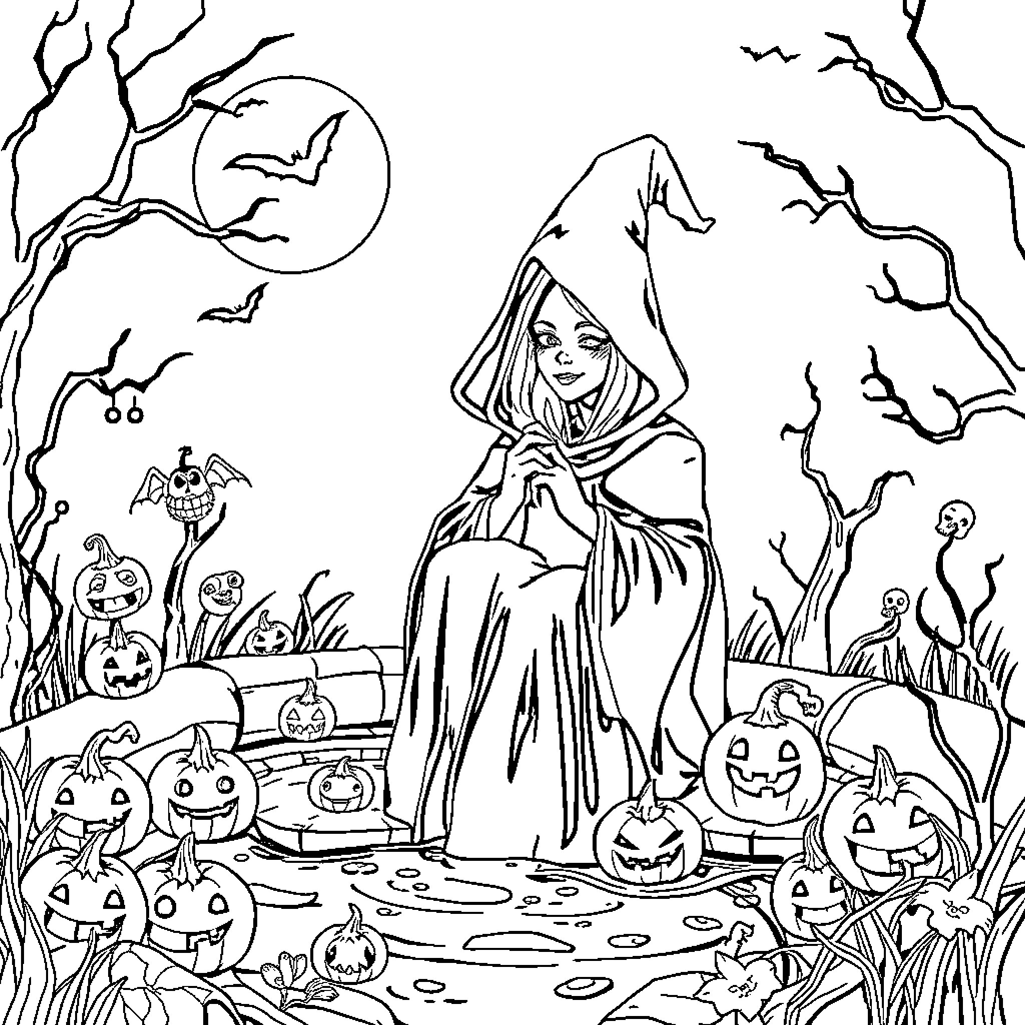 Bruja's Enchanting Halloween Gathering Coloring Page (free black-and-white line drawing printable PDF for all, from beginners to advanced learners, including children, teens, adults, and seniors)