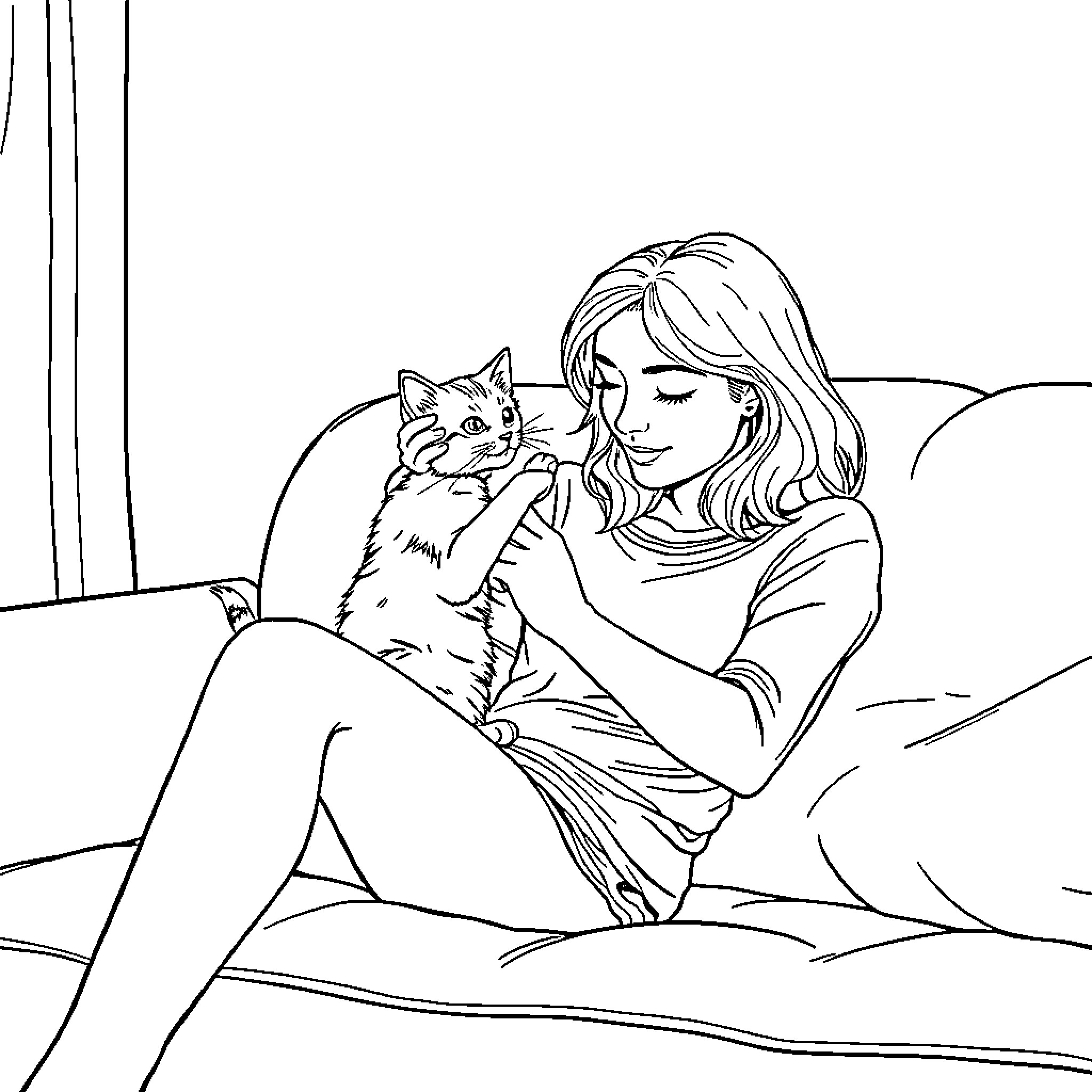 Woman snuggling with her beloved cat on the bed Coloring Page (free black-and-white line drawing printable PDF for all, from beginners to advanced learners, including children, teens, adults, and seniors)