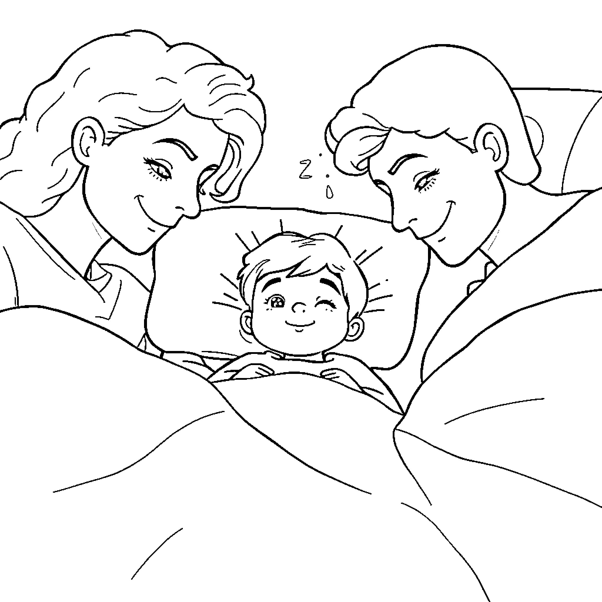 Boy sleeping peacefully with parents Coloring Page (free black-and-white line drawing printable PDF for all, from beginners to advanced learners, including children, teens, adults, and seniors)