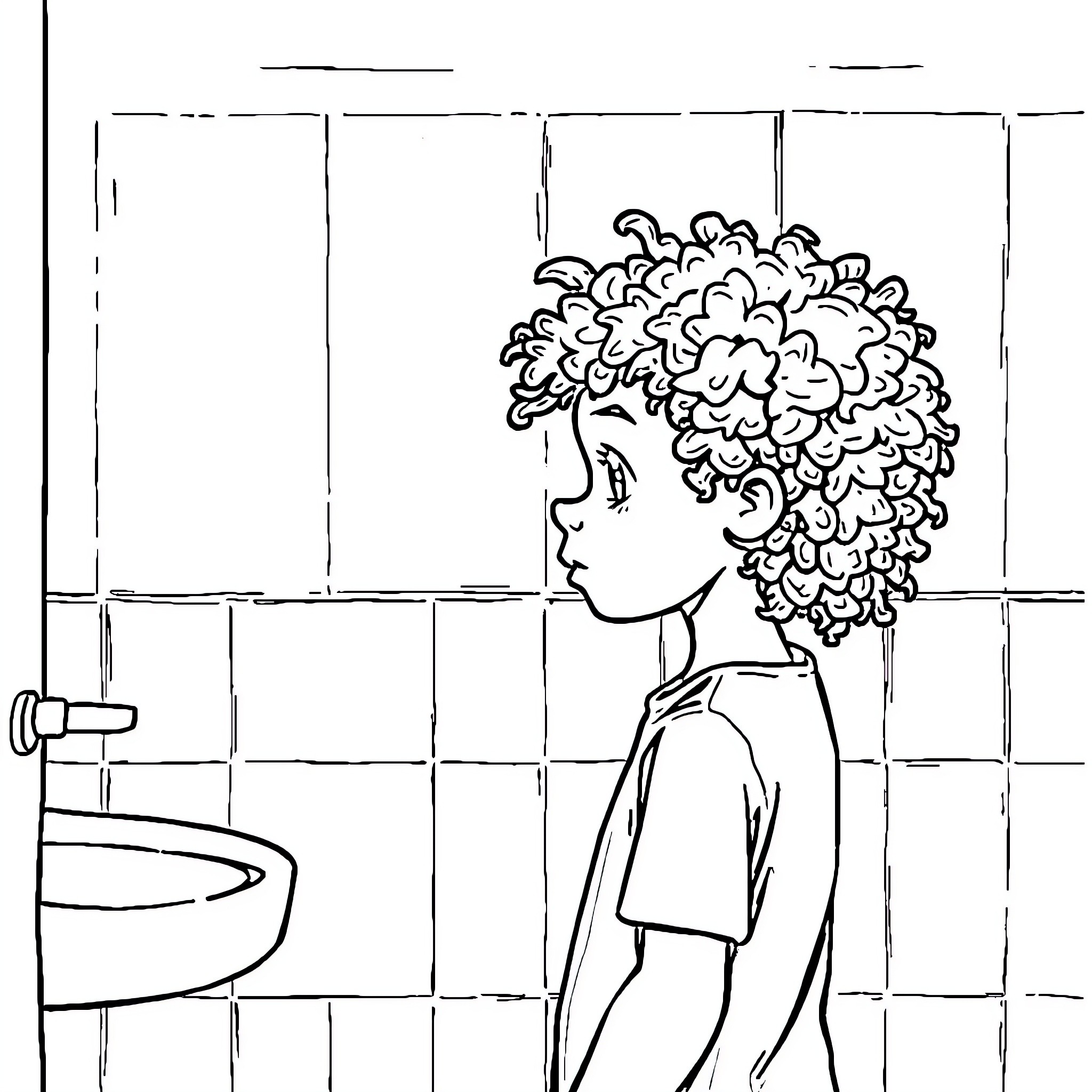 Boy standing alone in a bathroom Coloring Page (free black-and-white line drawing printable PDF for all, from beginners to advanced learners, including children, teens, adults, and seniors)