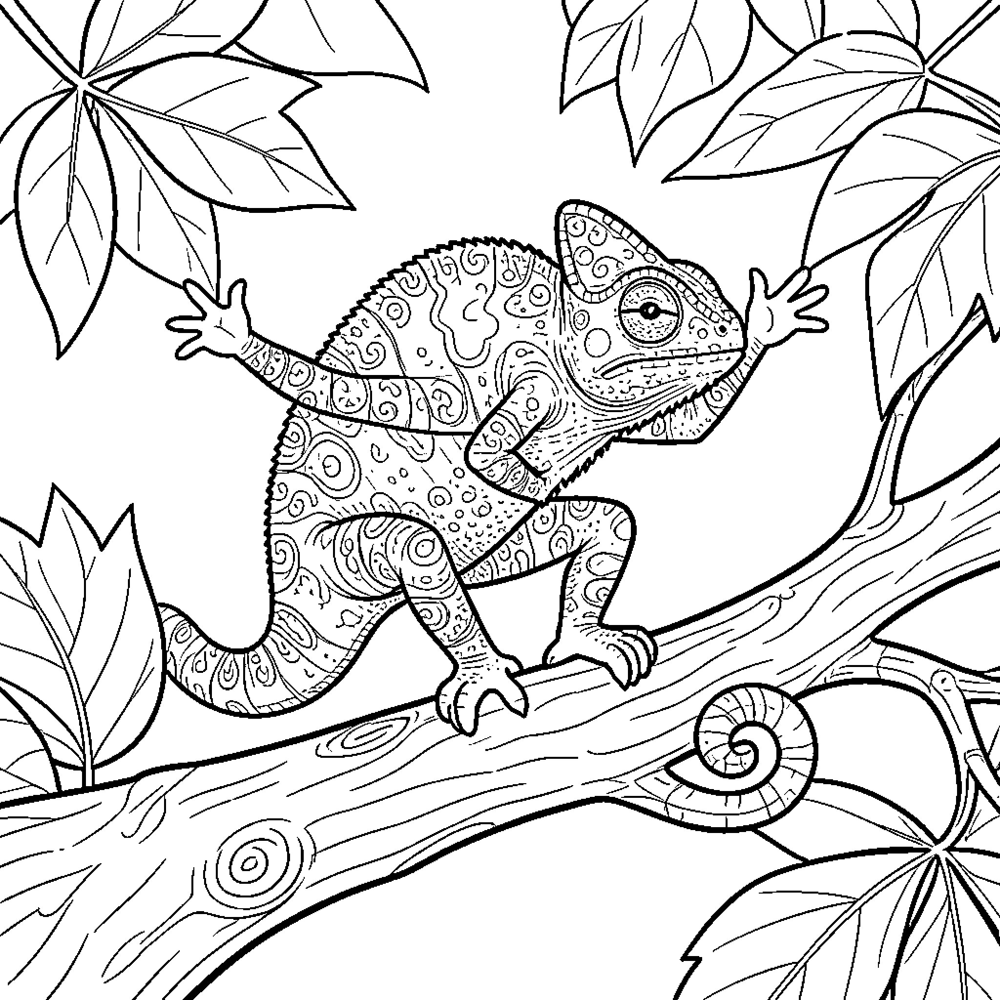 Chameleon climbing a tree branch among large leaves Coloring Page (free black-and-white line drawing printable PDF for all, from beginners to advanced learners, including children, teens, adults, and seniors)