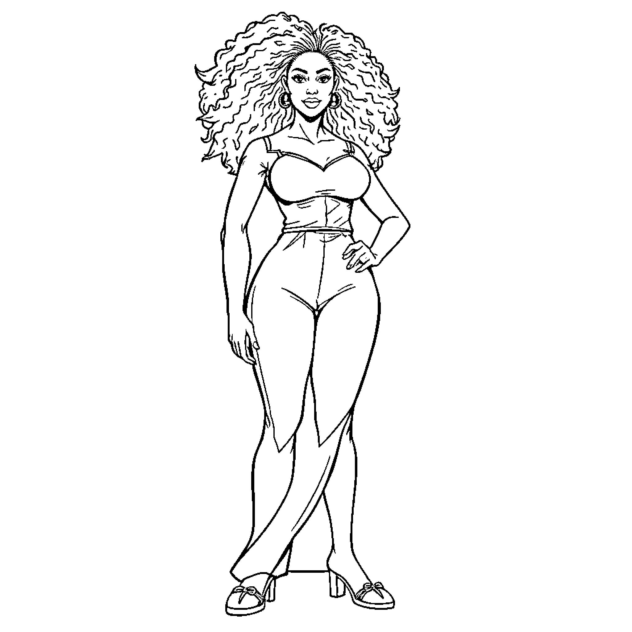 Woman posing confidently in stylish outfit Coloring Page (free black-and-white line drawing printable PDF for all, from beginners to advanced learners, including children, teens, adults, and seniors)