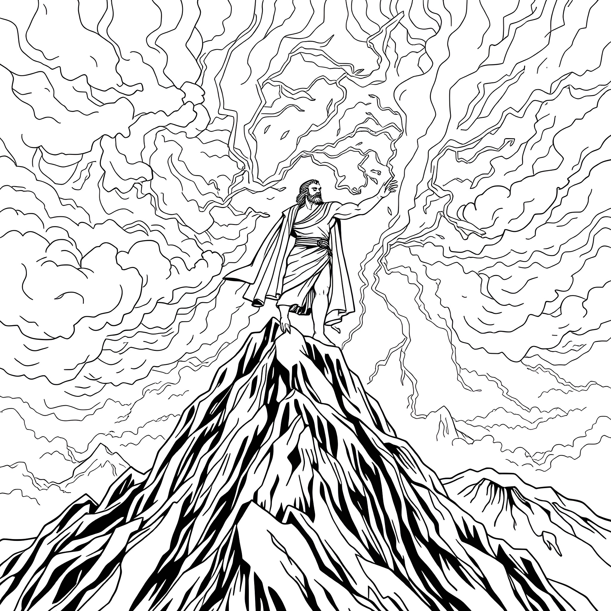 Zeus summoning lightning on a towering mountain Coloring Page (free black-and-white line drawing printable PDF for all, from beginners to advanced learners, including children, teens, adults, and seniors)