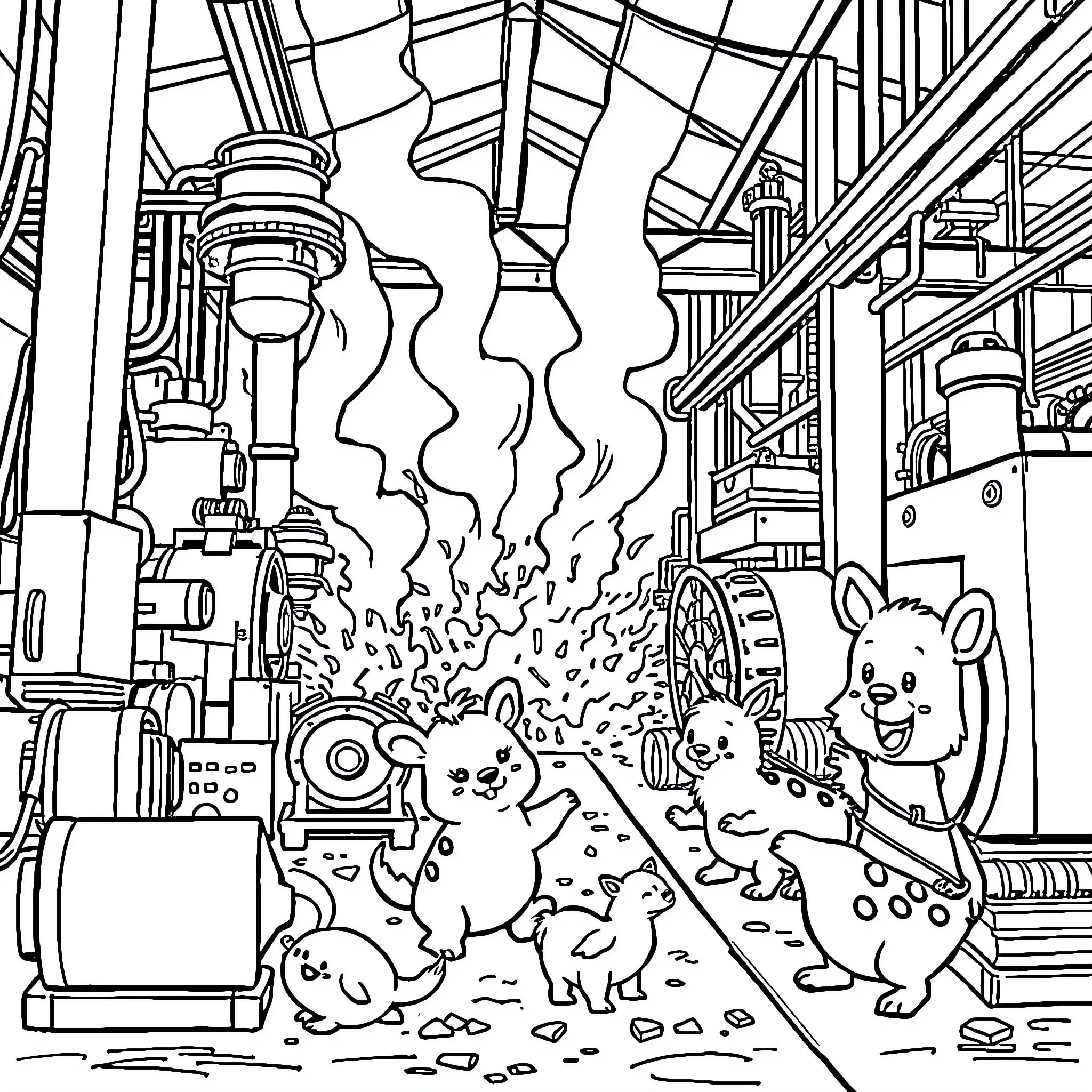 Animal exploring hazardous industrial environment Coloring Page (free black-and-white line drawing printable PDF for all, from beginners to advanced learners, including children, teens, adults, and seniors)