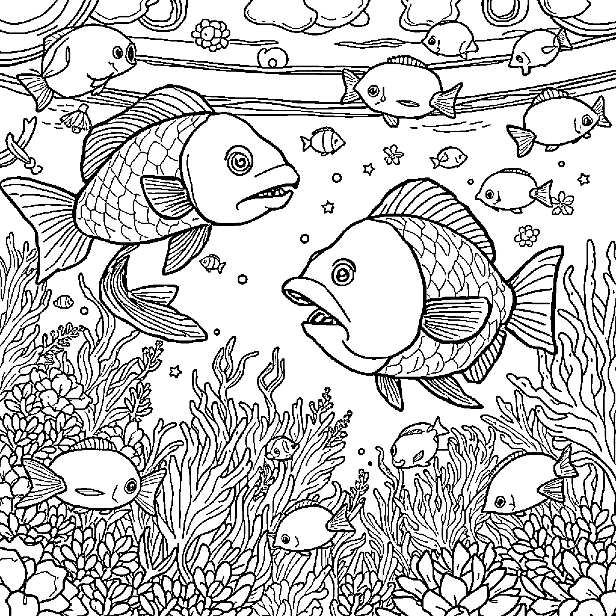 Fish swimming playfully in the underwater world Coloring Page (free black-and-white line drawing printable PDF for all, from beginners to advanced learners, including children, teens, adults, and seniors)