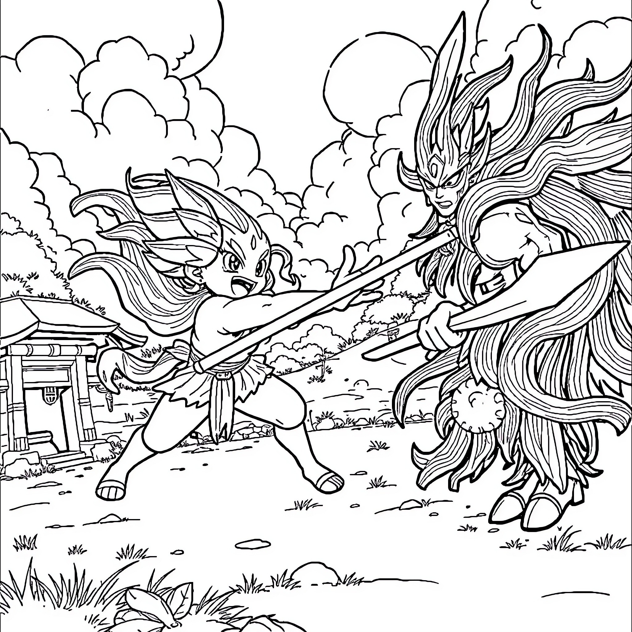 Sonkoku: Fierce Battle in the Mystical Landscape Coloring Page (free black-and-white line drawing printable PDF for all, from beginners to advanced learners, including children, teens, adults, and seniors)