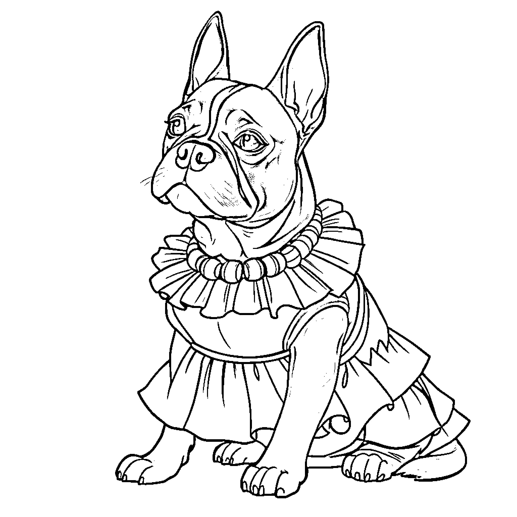 Staffy dressed up in frilly costume Coloring Page (free black-and-white line drawing printable PDF for all, from beginners to advanced learners, including children, teens, adults, and seniors)