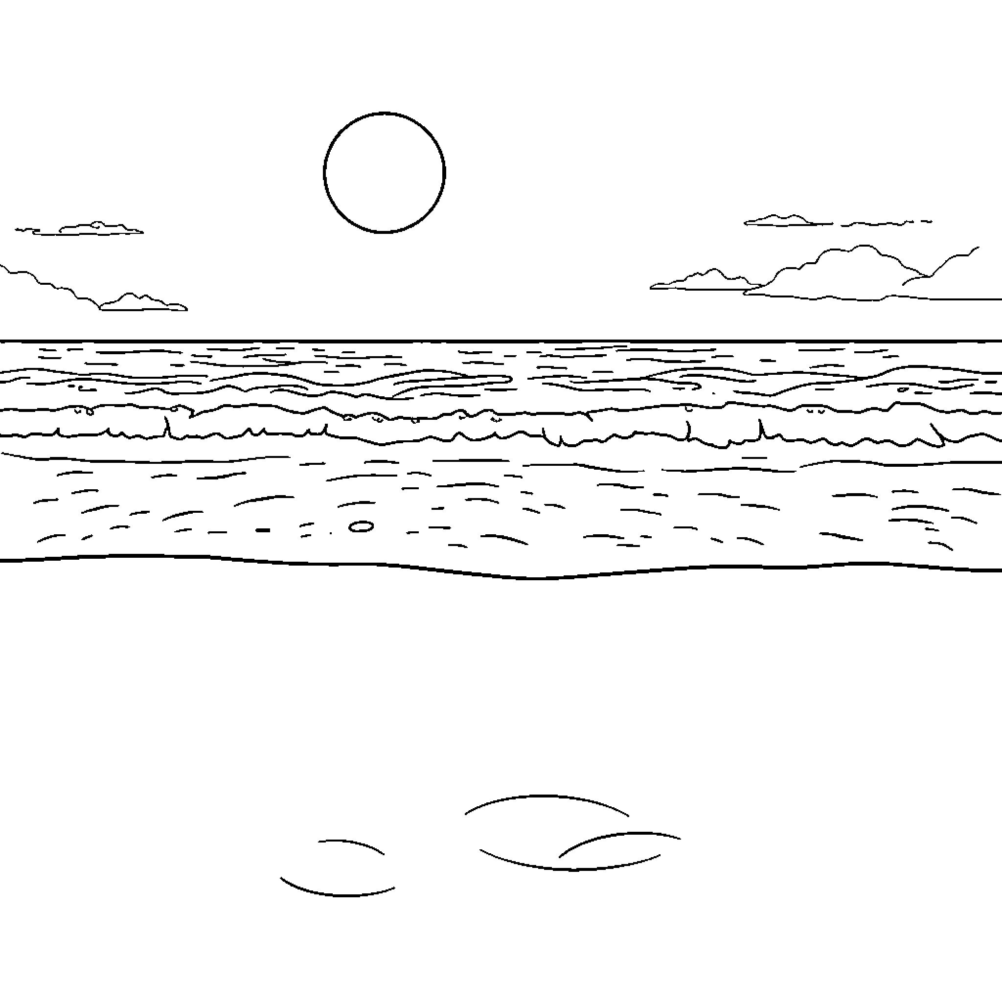 7 of 9 Seascape with sun and clouds Coloring Page (free black-and-white line drawing printable PDF for all, from beginners to advanced learners, including children, teens, adults, and seniors)