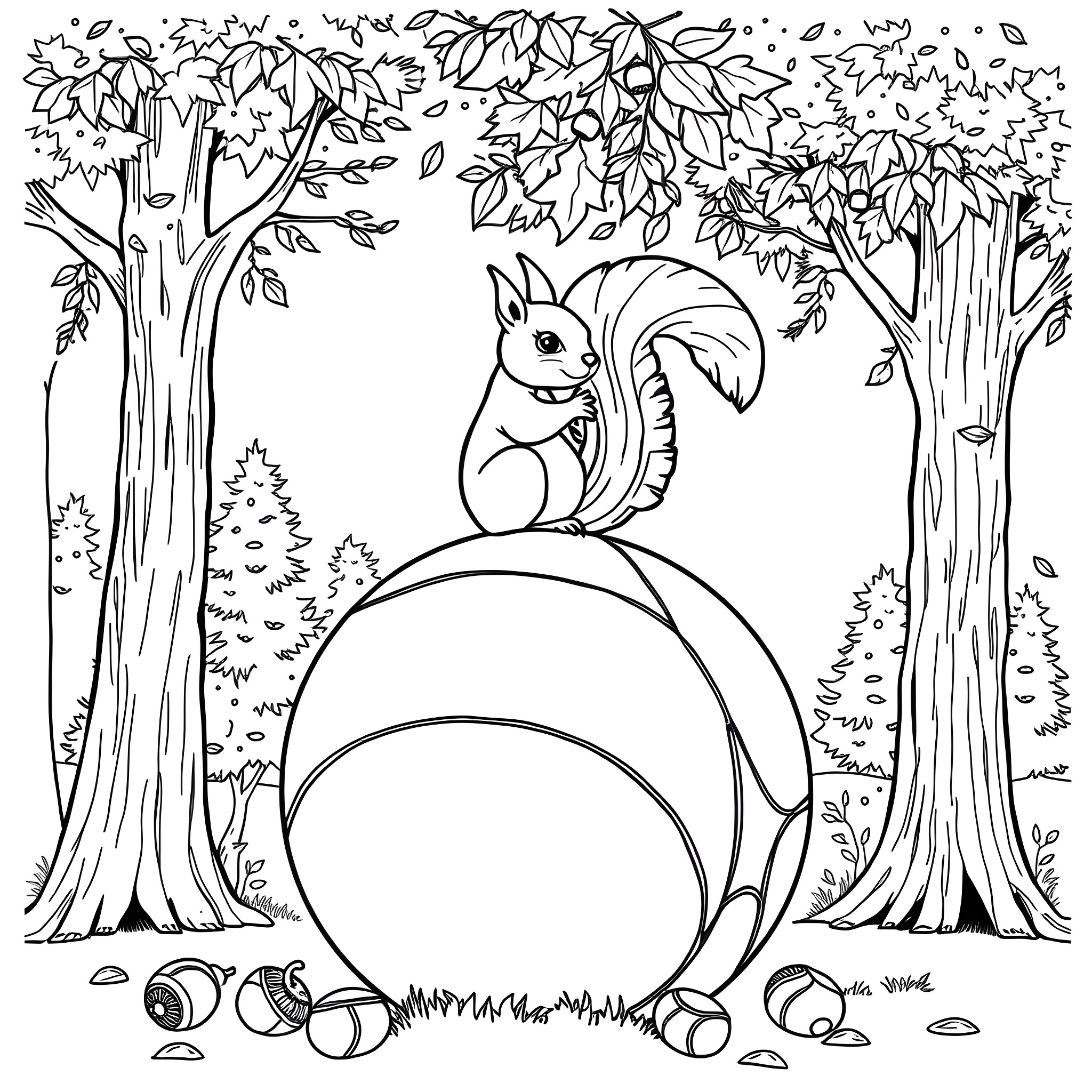 Basketball players in an autumn forest scene Coloring Page (free black-and-white line drawing printable PDF for all, from beginners to advanced learners, including children, teens, adults, and seniors)