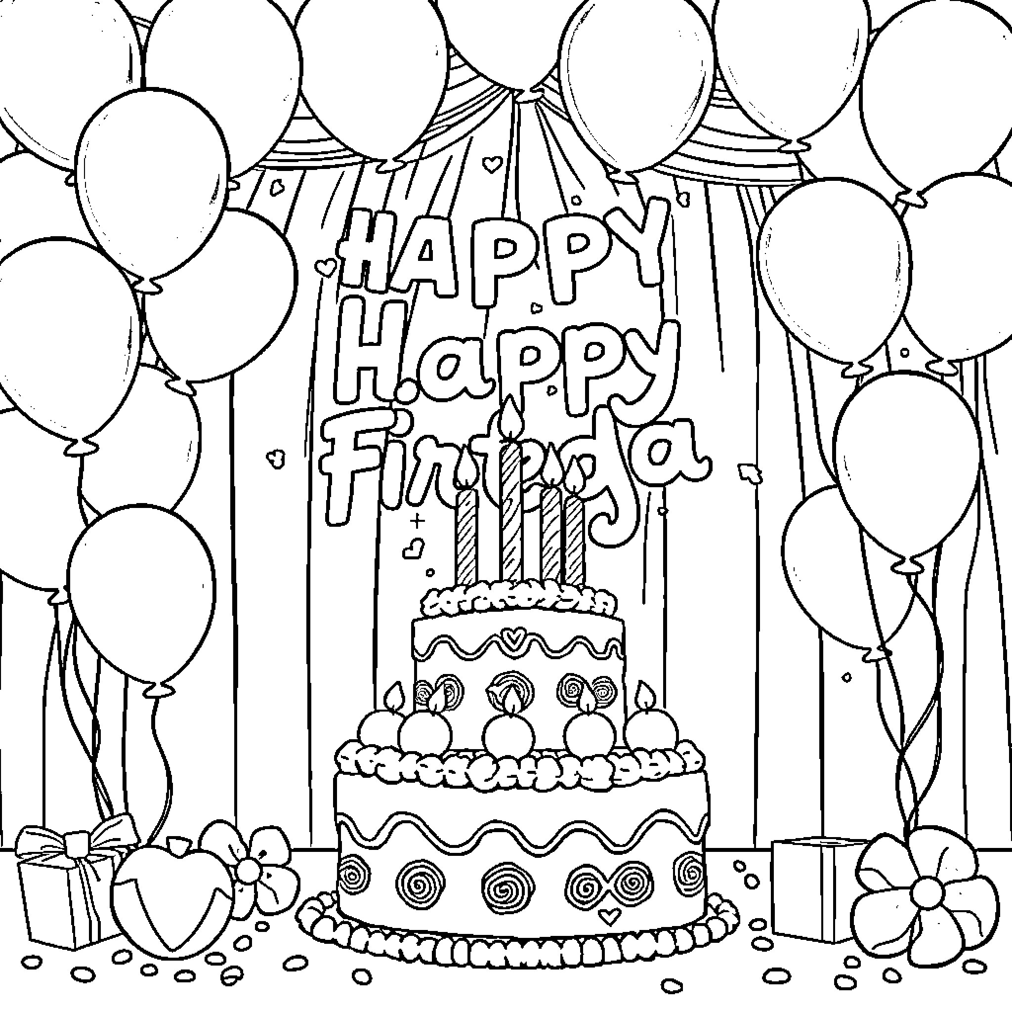 Birthday Celebration with Balloons and Cake Coloring Page (free black-and-white line drawing printable PDF for all, from beginners to advanced learners, including children, teens, adults, and seniors)