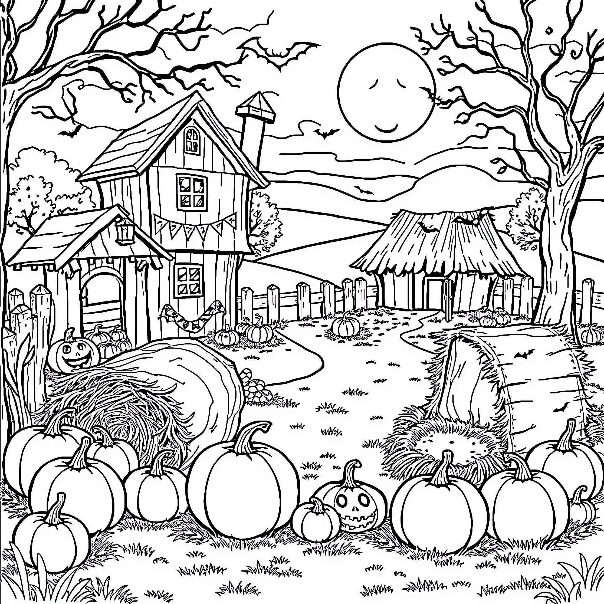Halloween Haunted House and Pumpkin Patch Scene Coloring Page (free black-and-white line drawing printable PDF for all, from beginners to advanced learners, including children, teens, adults, and seniors)