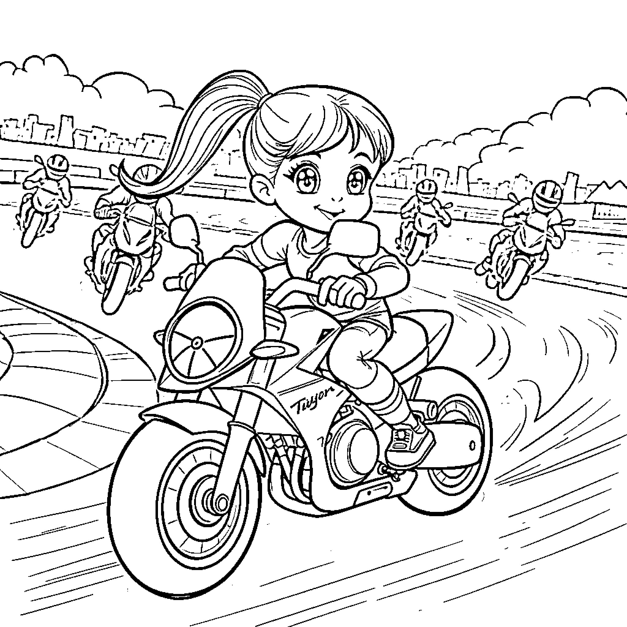 Girl riding motorcycle in city traffic Coloring Page (free black-and-white line drawing printable PDF for all, from beginners to advanced learners, including children, teens, adults, and seniors)