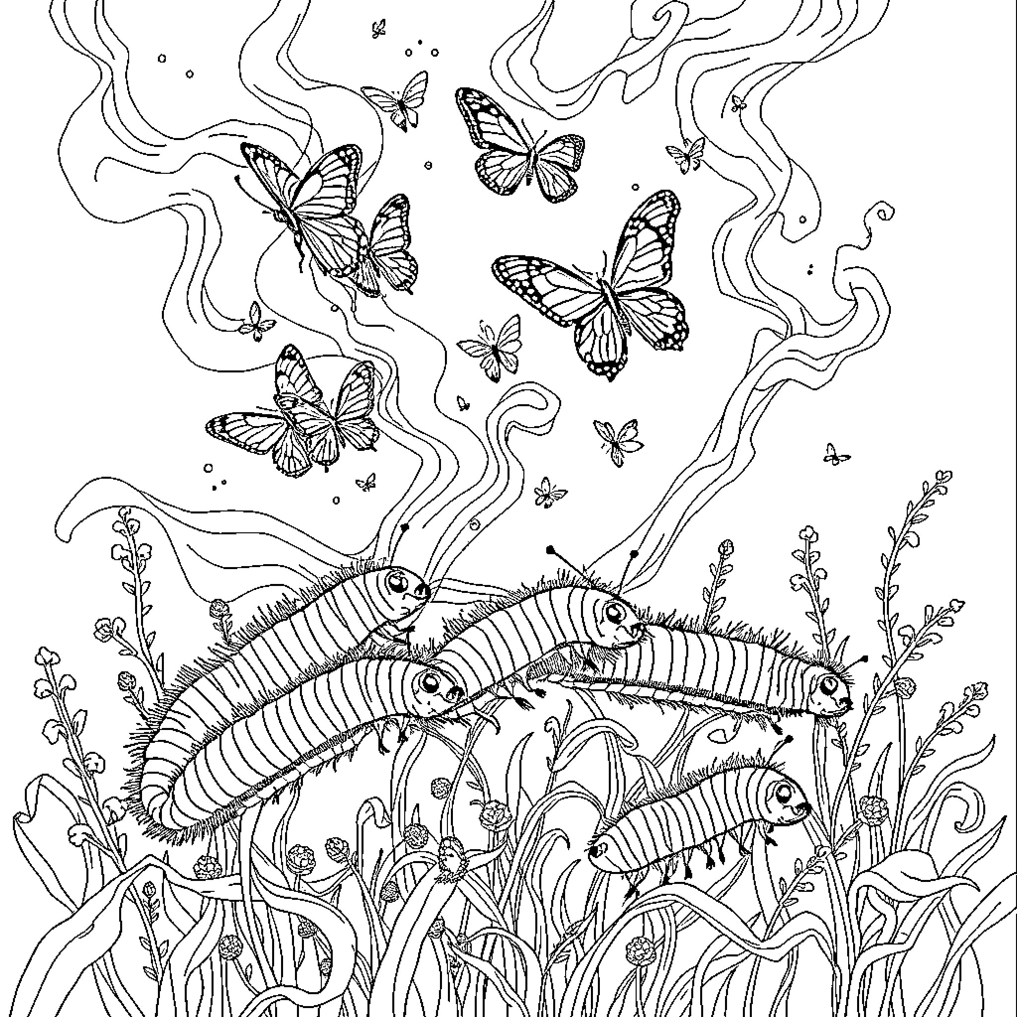 Butterfly Swarm Above Whimsical Underwater Scene Coloring Page (free black-and-white line drawing printable PDF for all, from beginners to advanced learners, including children, teens, adults, and seniors)