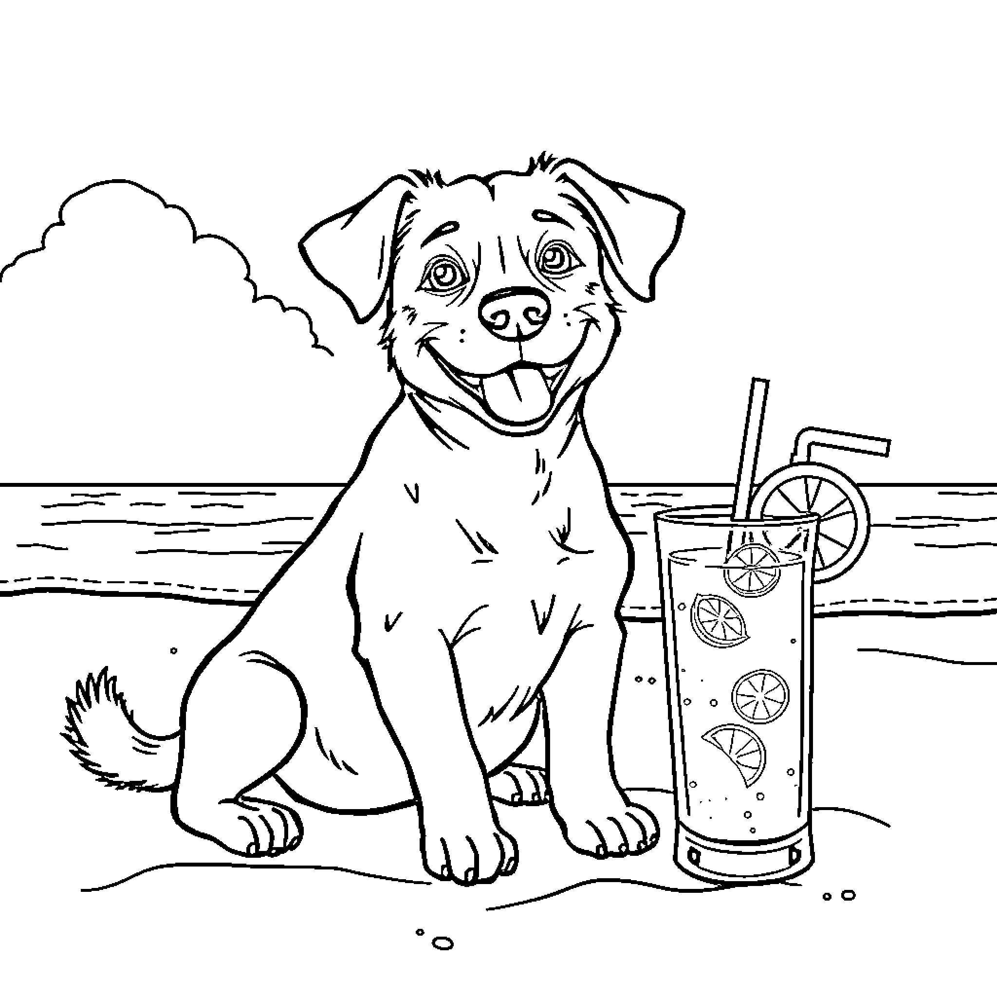 Dog enjoying a refreshing drink on the beach Coloring Page (free black-and-white line drawing printable PDF for all, from beginners to advanced learners, including children, teens, adults, and seniors)