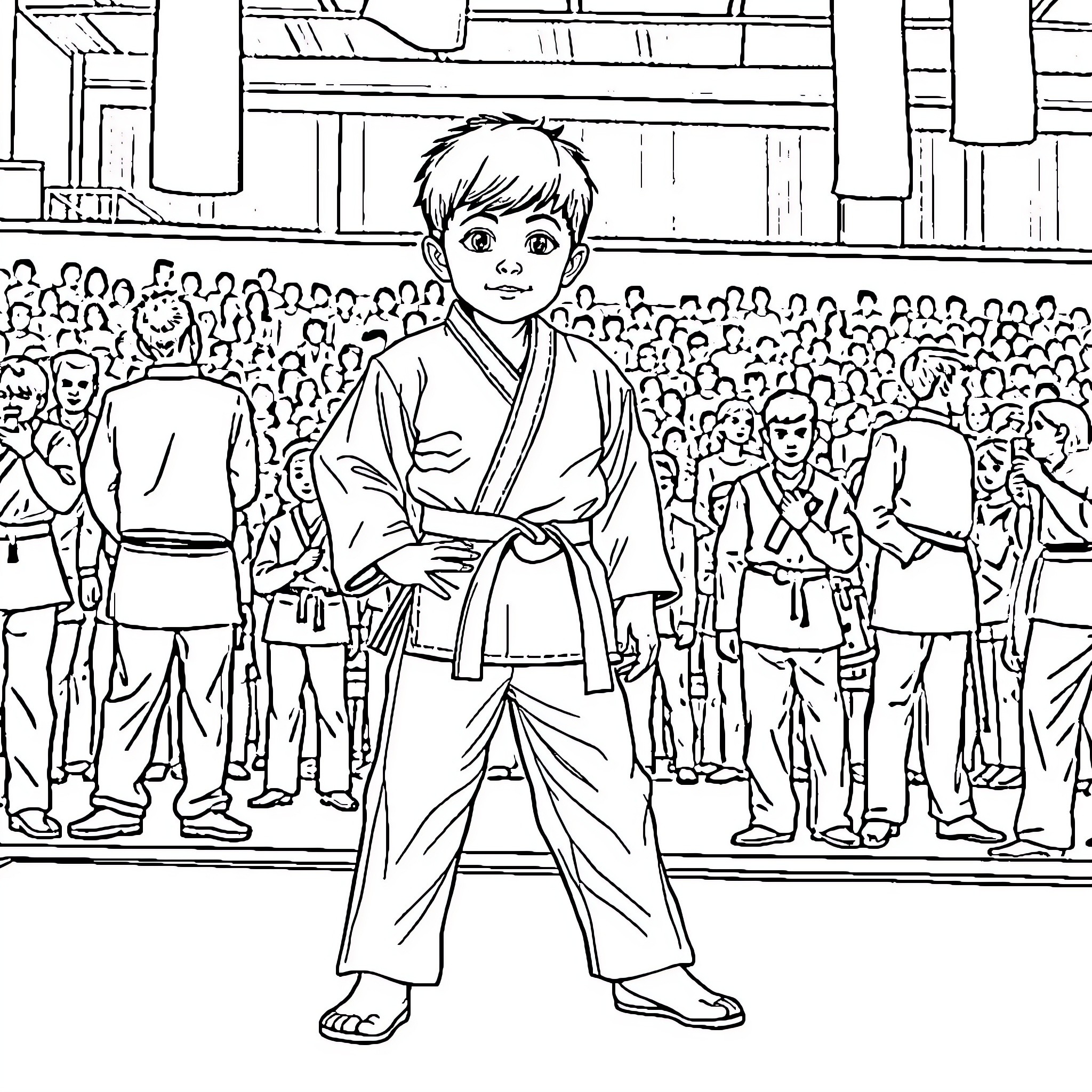 Boy surrounded by crowd in martial arts training Coloring Page (free black-and-white line drawing printable PDF for all, from beginners to advanced learners, including children, teens, adults, and seniors)