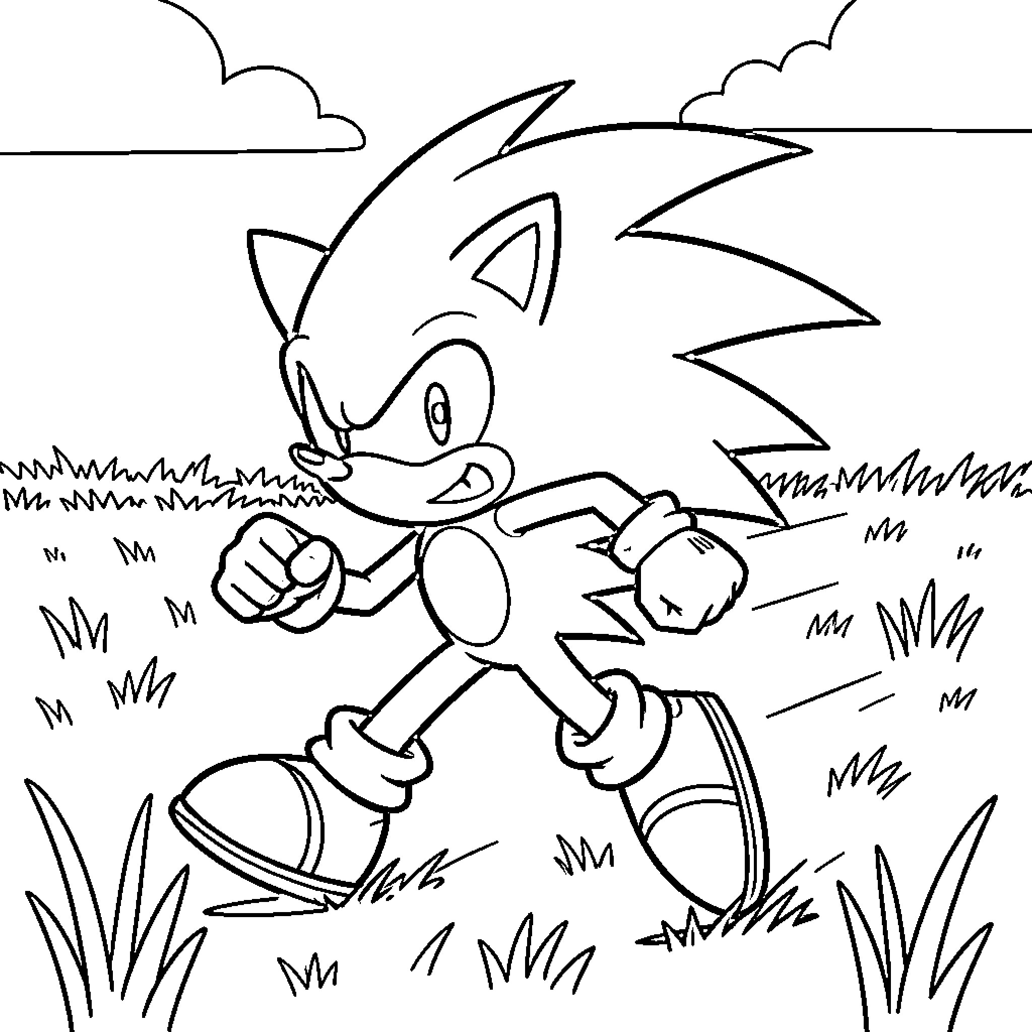 Sonic running with a determined expression through a field Coloring Page (free black-and-white line drawing printable PDF for all, from beginners to advanced learners, including children, teens, adults, and seniors)