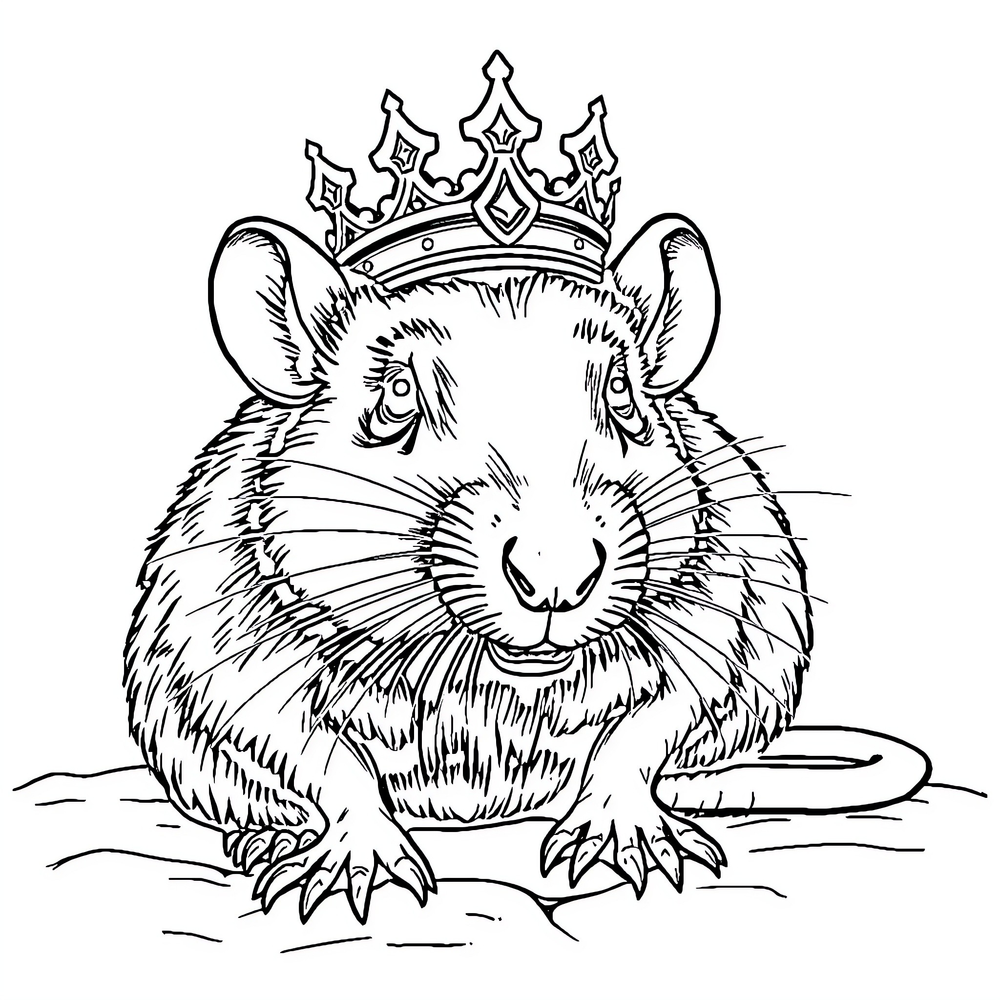 Rat in a Crown Sitting on the Ground Coloring Page (free black-and-white line drawing printable PDF for all, from beginners to advanced learners, including children, teens, adults, and seniors)