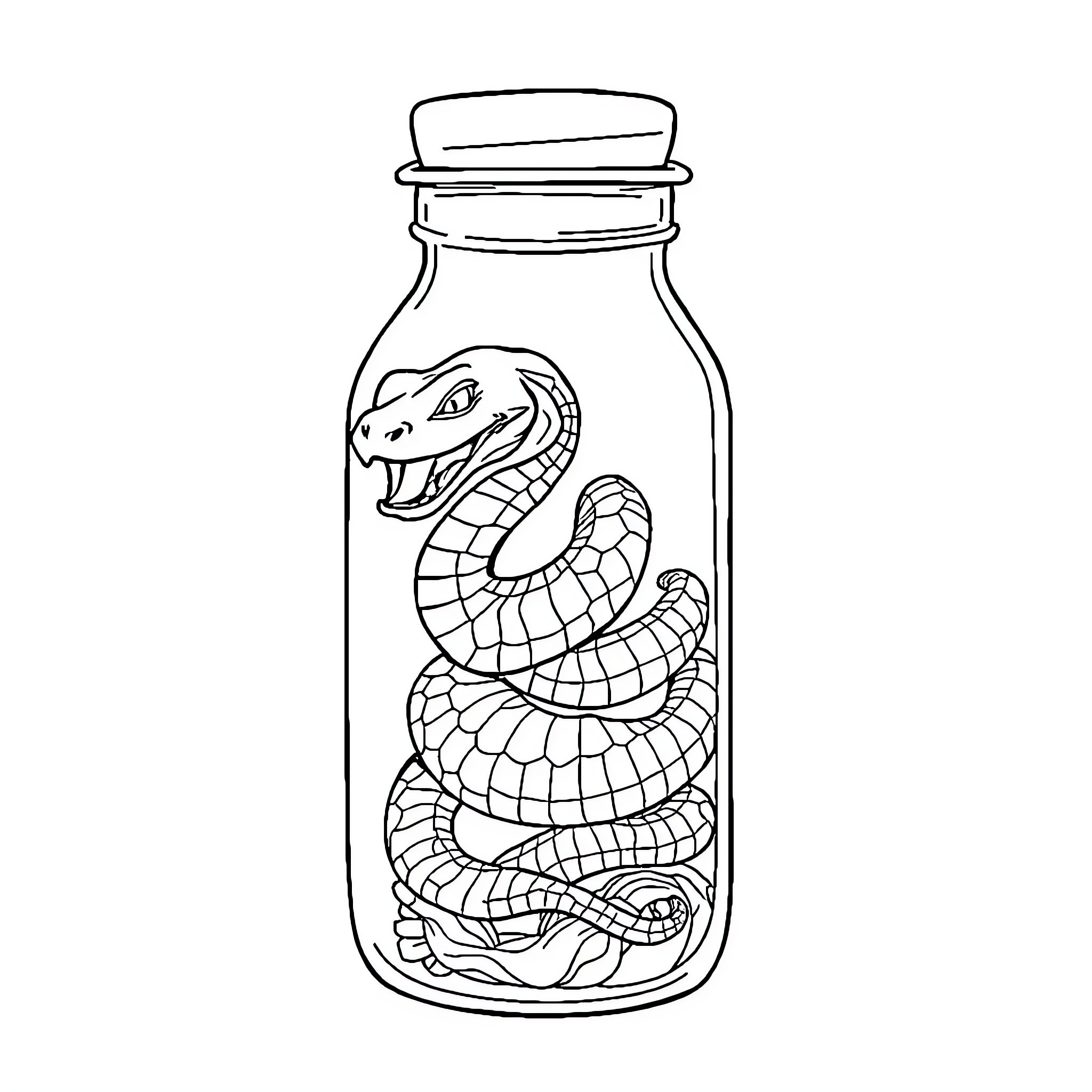 Serpent coiled within a glass jar Coloring Page (free black-and-white line drawing printable PDF for all, from beginners to advanced learners, including children, teens, adults, and seniors)
