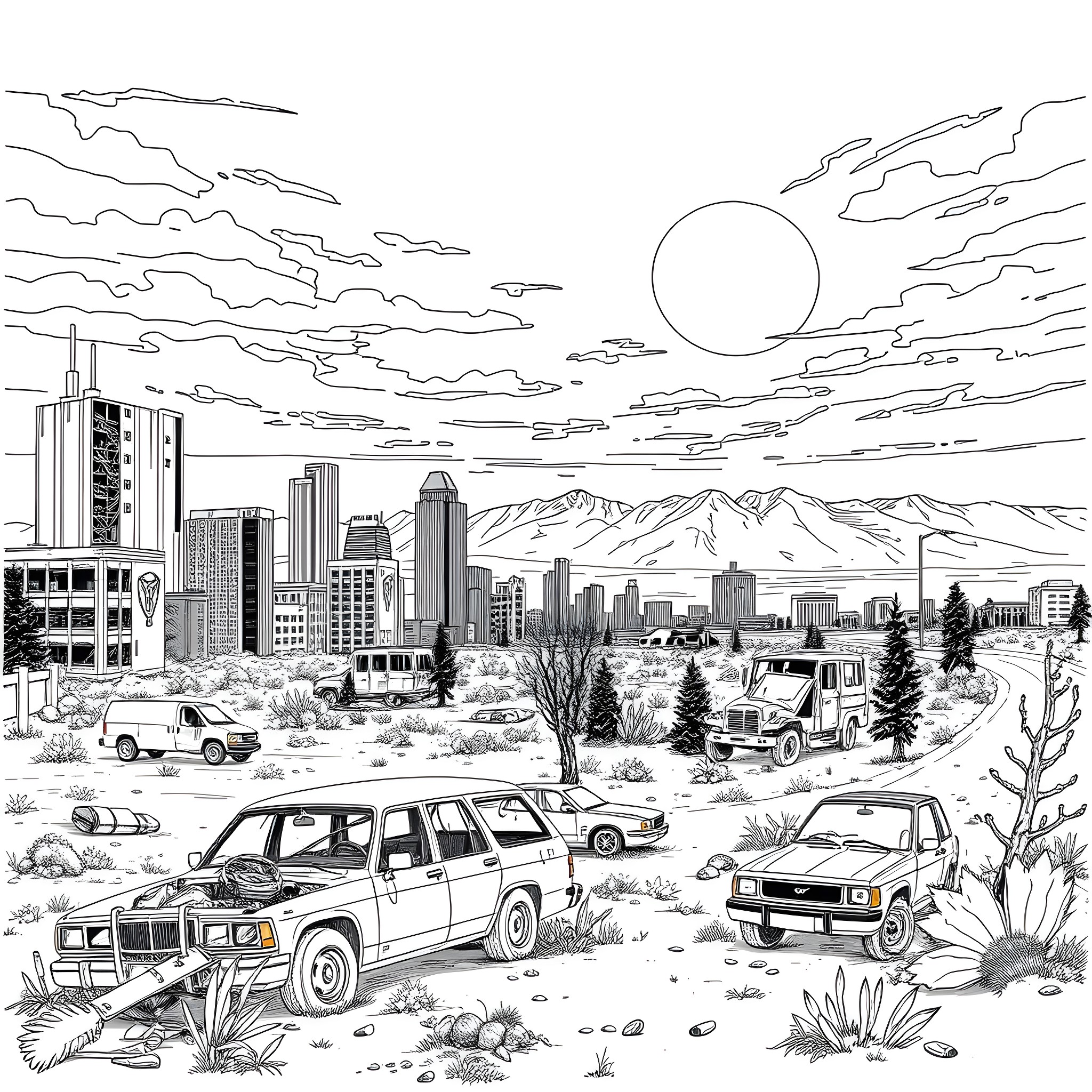 Fallout: Post-Apocalyptic Cityscape and Vehicles Coloring Page (free black-and-white line drawing printable PDF for all, from beginners to advanced learners, including children, teens, adults, and seniors)