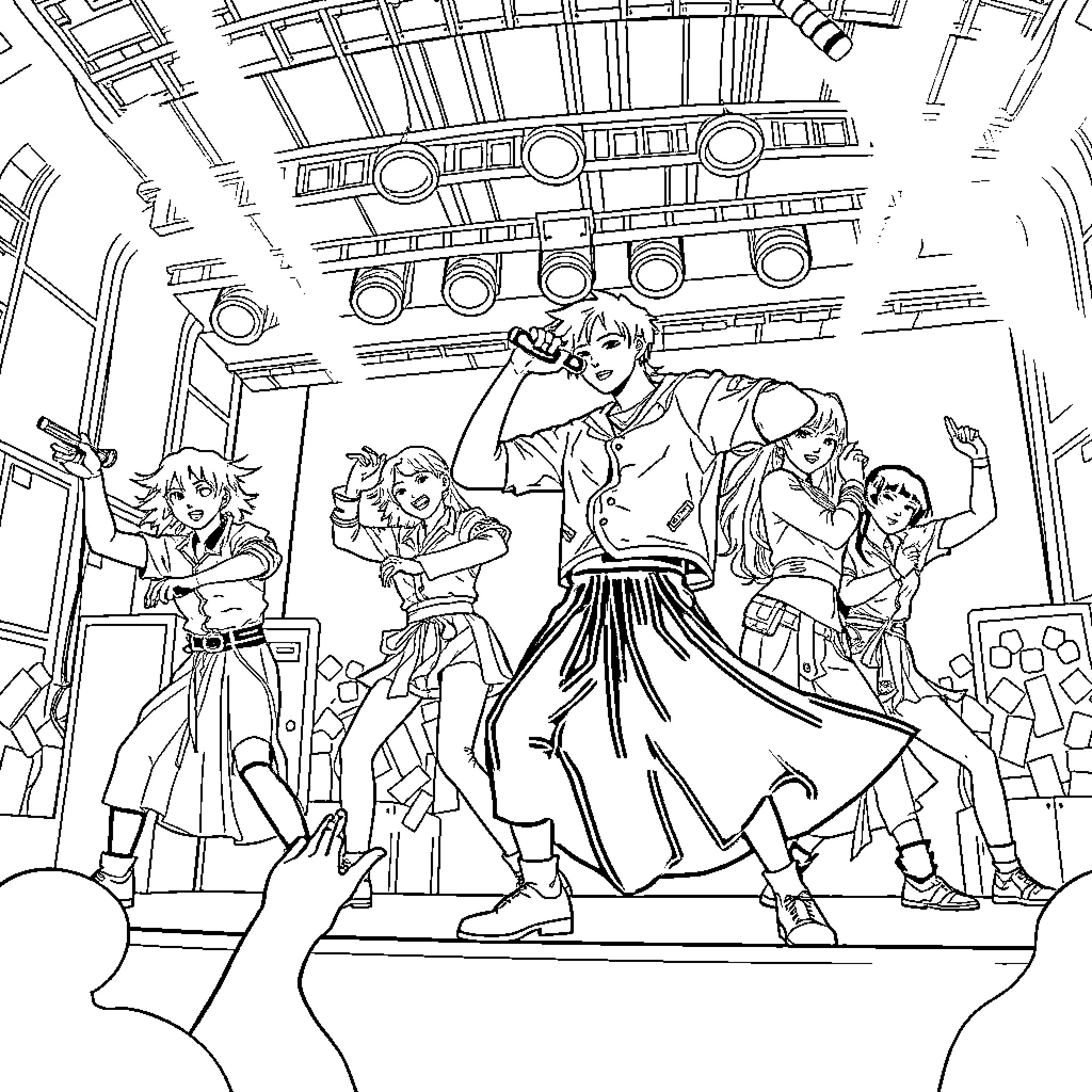 K Pop Warrior Performers Energetic Dance Moves Stage Coloring Page (free black-and-white line drawing printable PDF for all, from beginners to advanced learners, including children, teens, adults, and seniors)