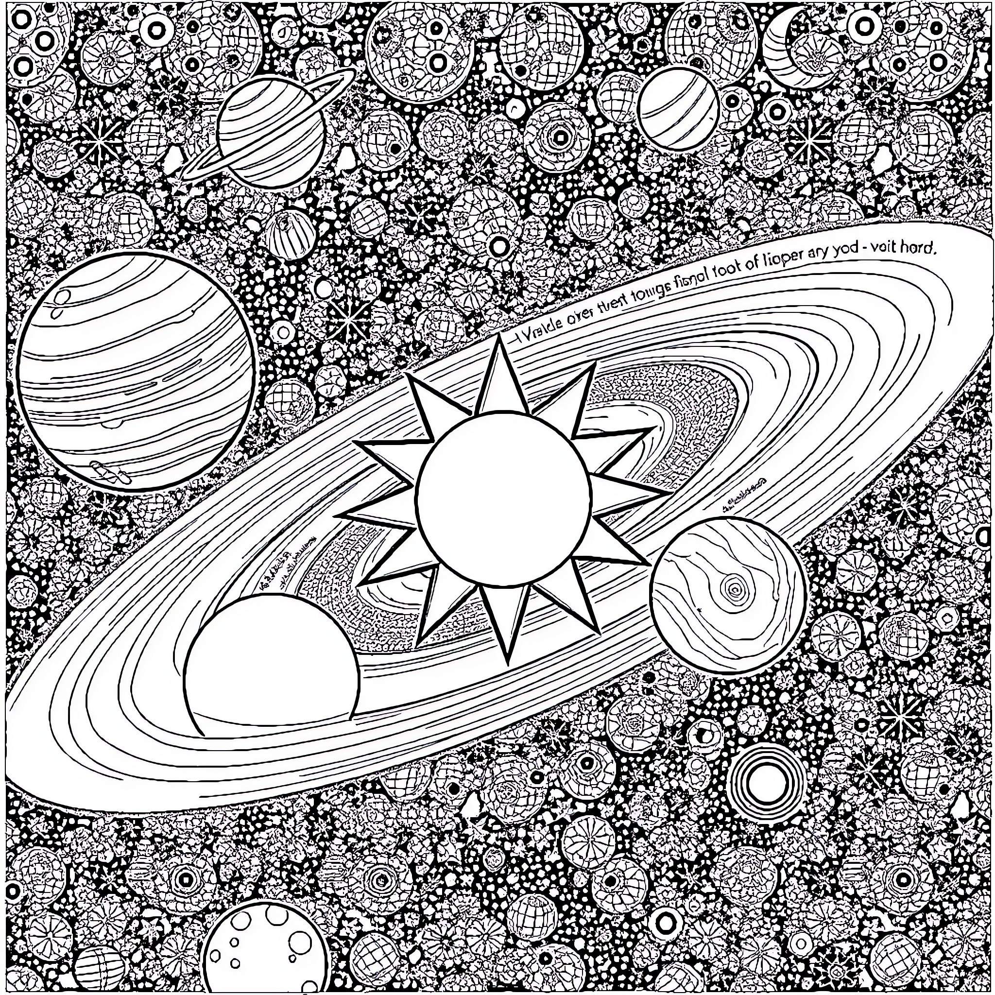Solar System Illustrated with Intricate Patterns Coloring Page (free black-and-white line drawing printable PDF for all, from beginners to advanced learners, including children, teens, adults, and seniors)