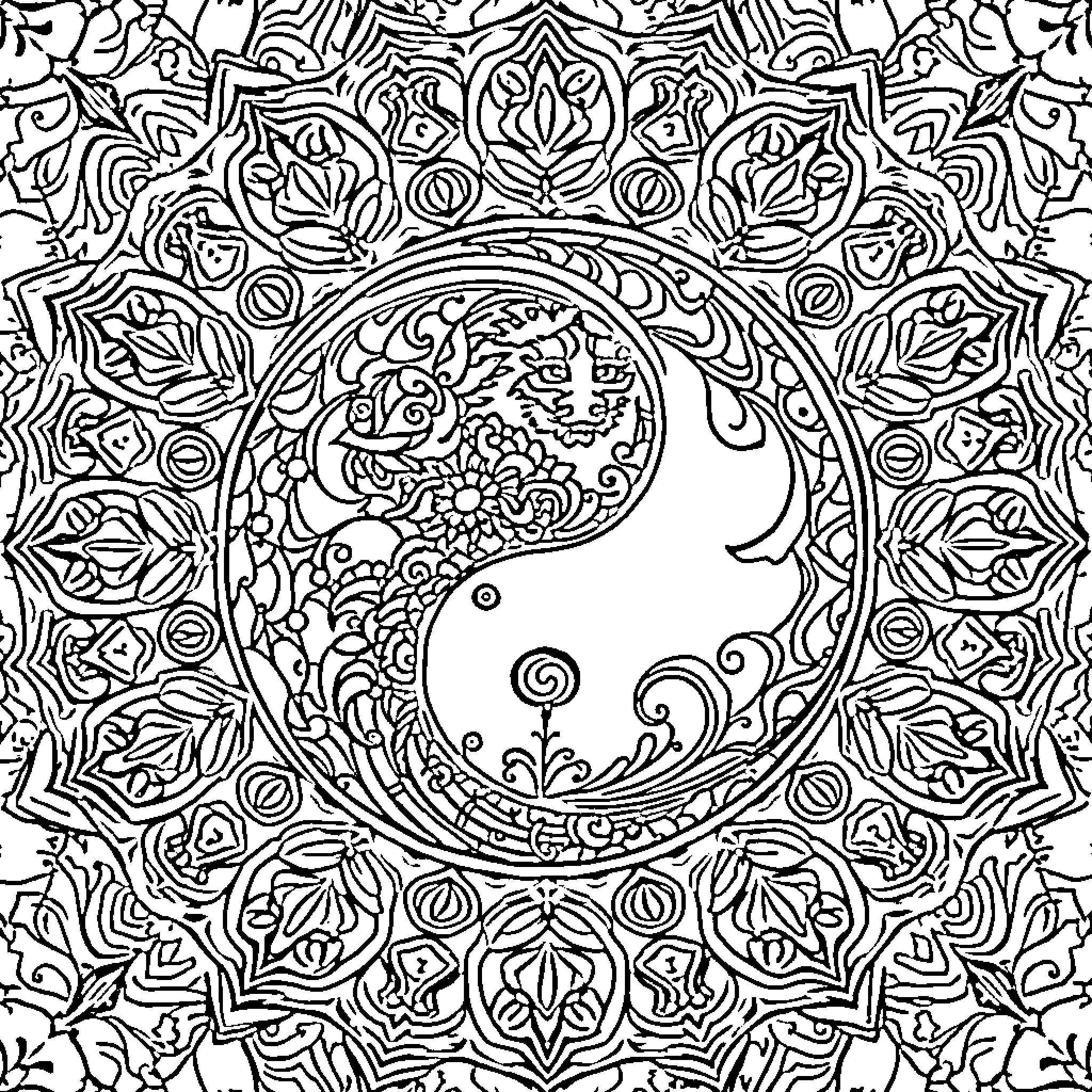 Ying Yang Mandala with Intricate Design Coloring Page (free black-and-white line drawing printable PDF for all, from beginners to advanced learners, including children, teens, adults, and seniors)