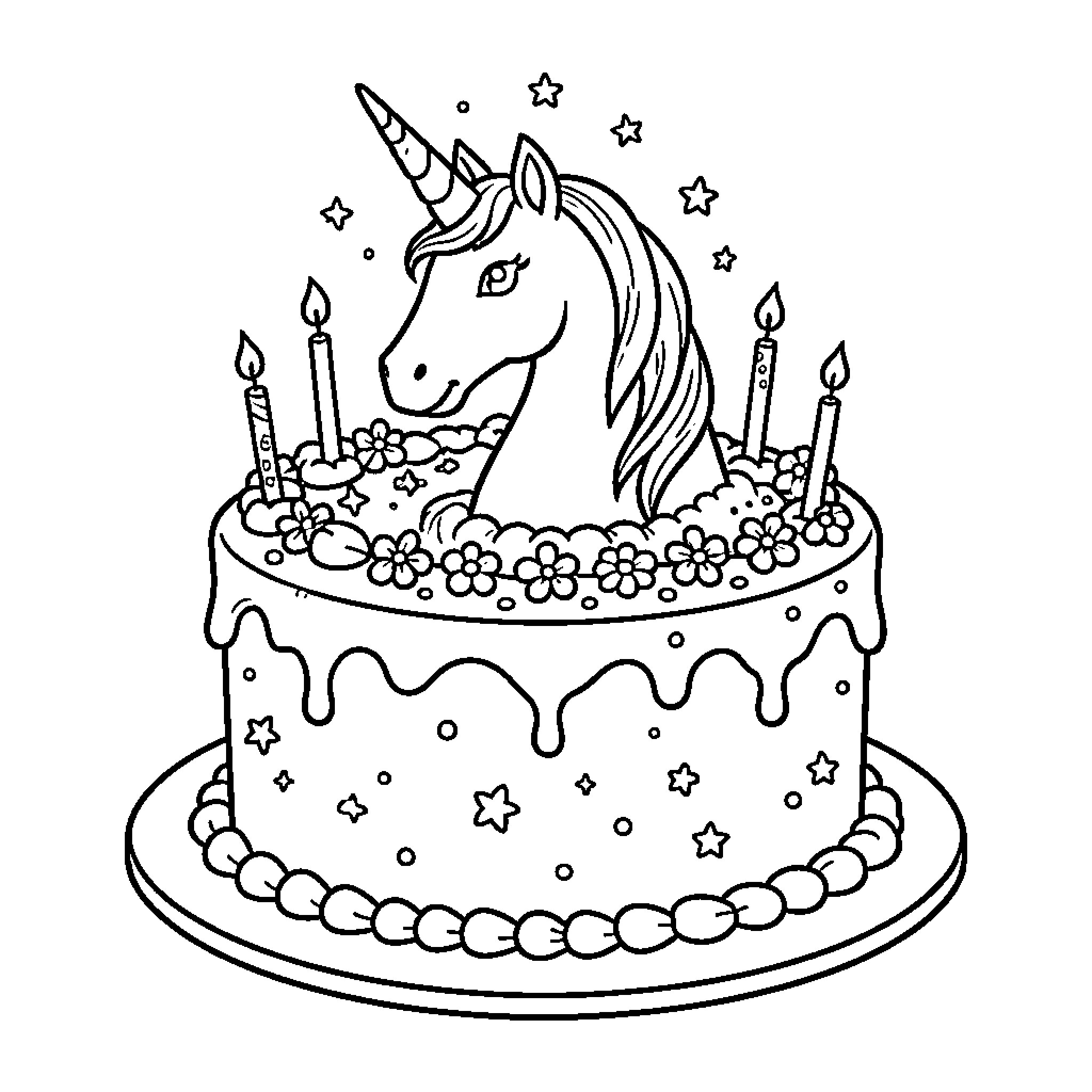 Unicorn peeking out from a decorated birthday cake Coloring Page (free black-and-white line drawing printable PDF for all, from beginners to advanced learners, including children, teens, adults, and seniors)