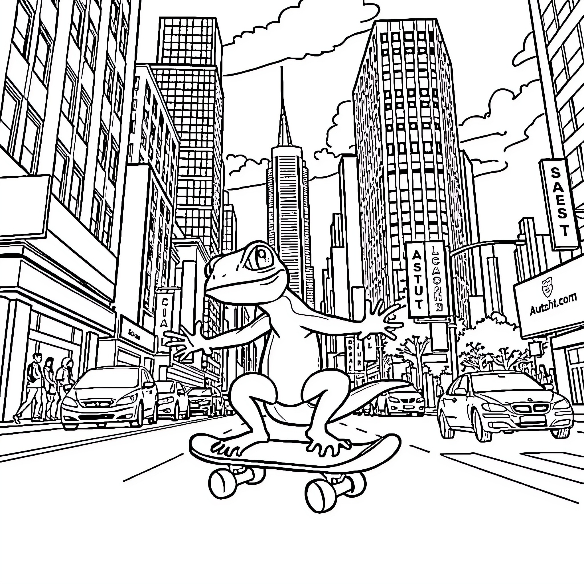 Gecko skateboarding through bustling city streets Coloring Page (free black-and-white line drawing printable PDF for all, from beginners to advanced learners, including children, teens, adults, and seniors)