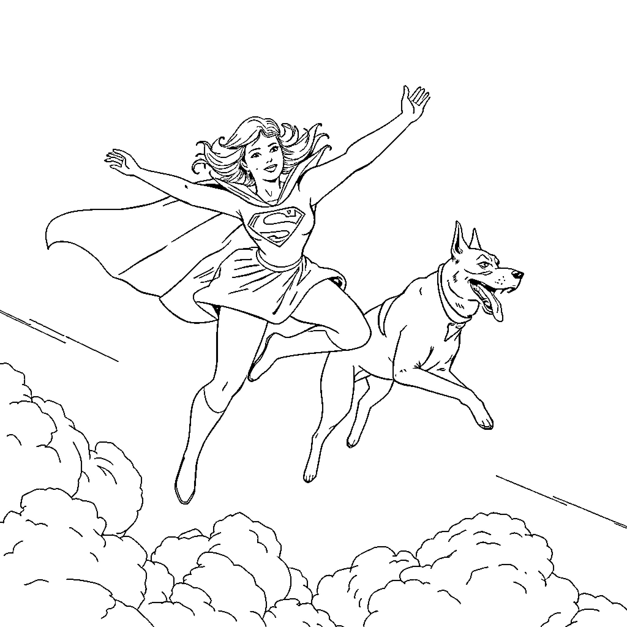 Supergirl soaring through the sky with her faithful companion Coloring Page (free black-and-white line drawing printable PDF for all, from beginners to advanced learners, including children, teens, adults, and seniors)
